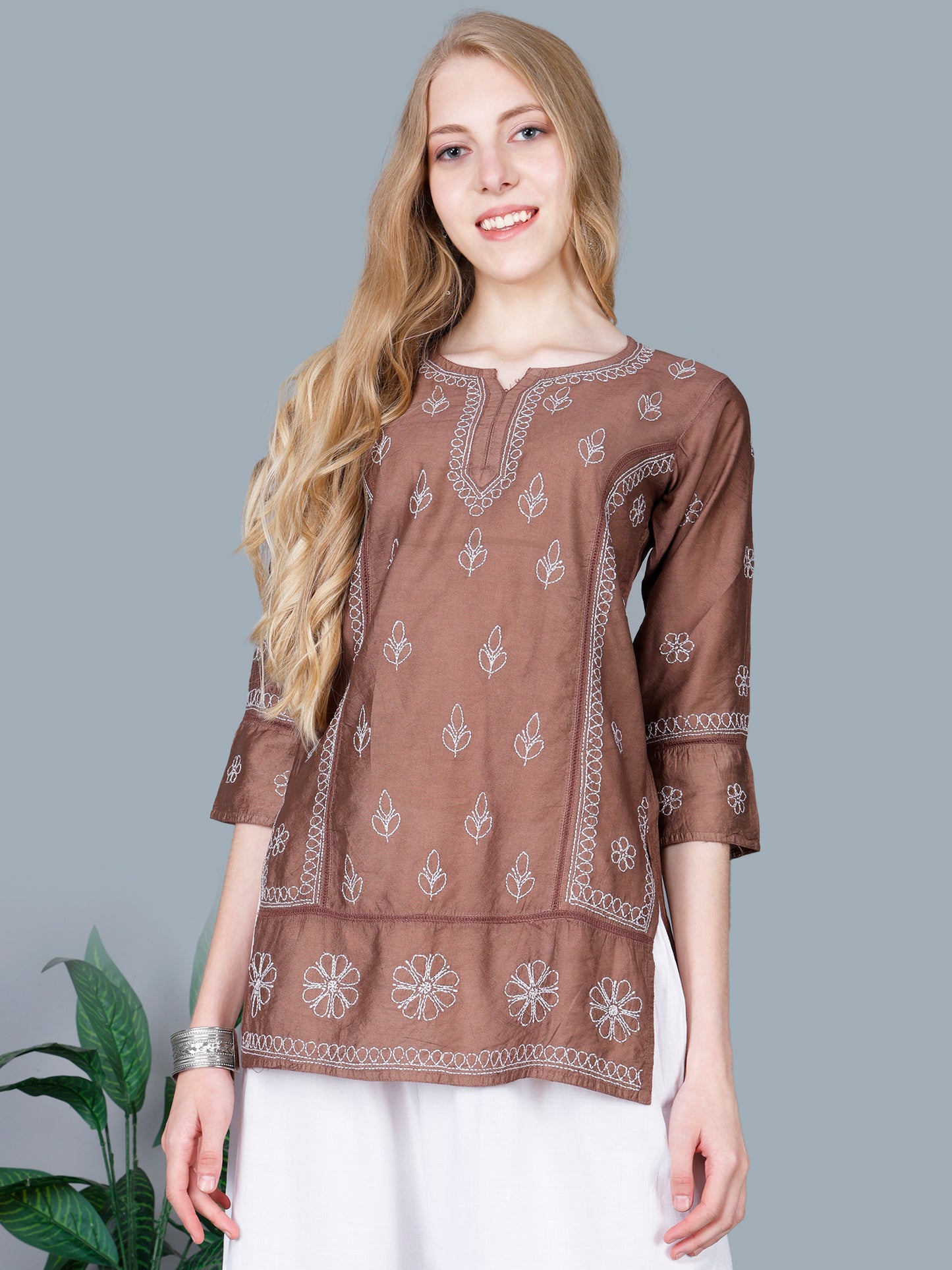 The Chikankari Story Women’s Lucknowi Hand-Embroidered Chanderi Kurti with Crochet Lace Partition – Available in Red, Yellow, Powder Blue, Purple, Brown & Pink