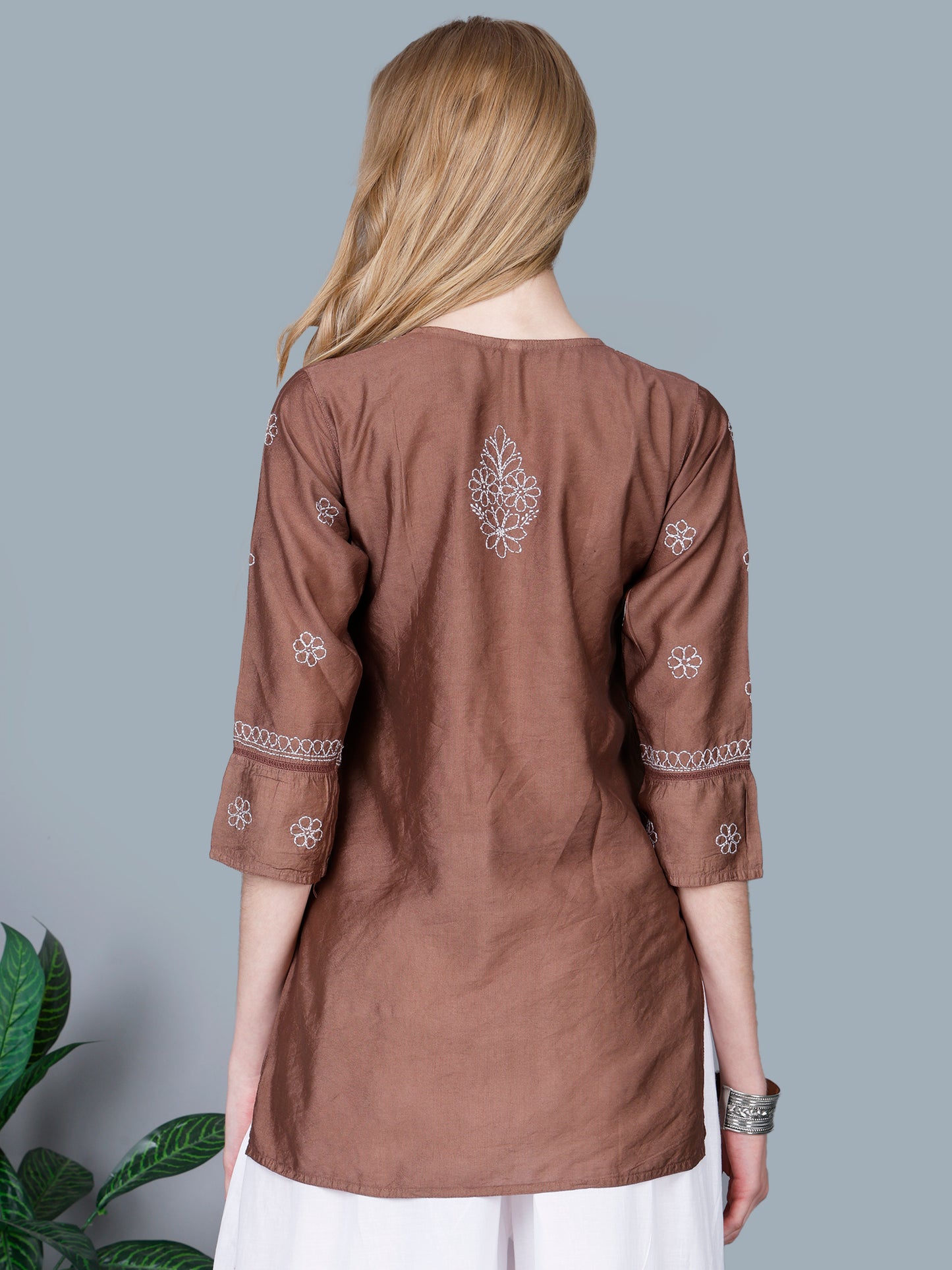 The Chikankari Story Women’s Lucknowi Hand-Embroidered Chanderi Kurti with Crochet Lace Partition – Available in Red, Yellow, Powder Blue, Purple, Brown & Pink
