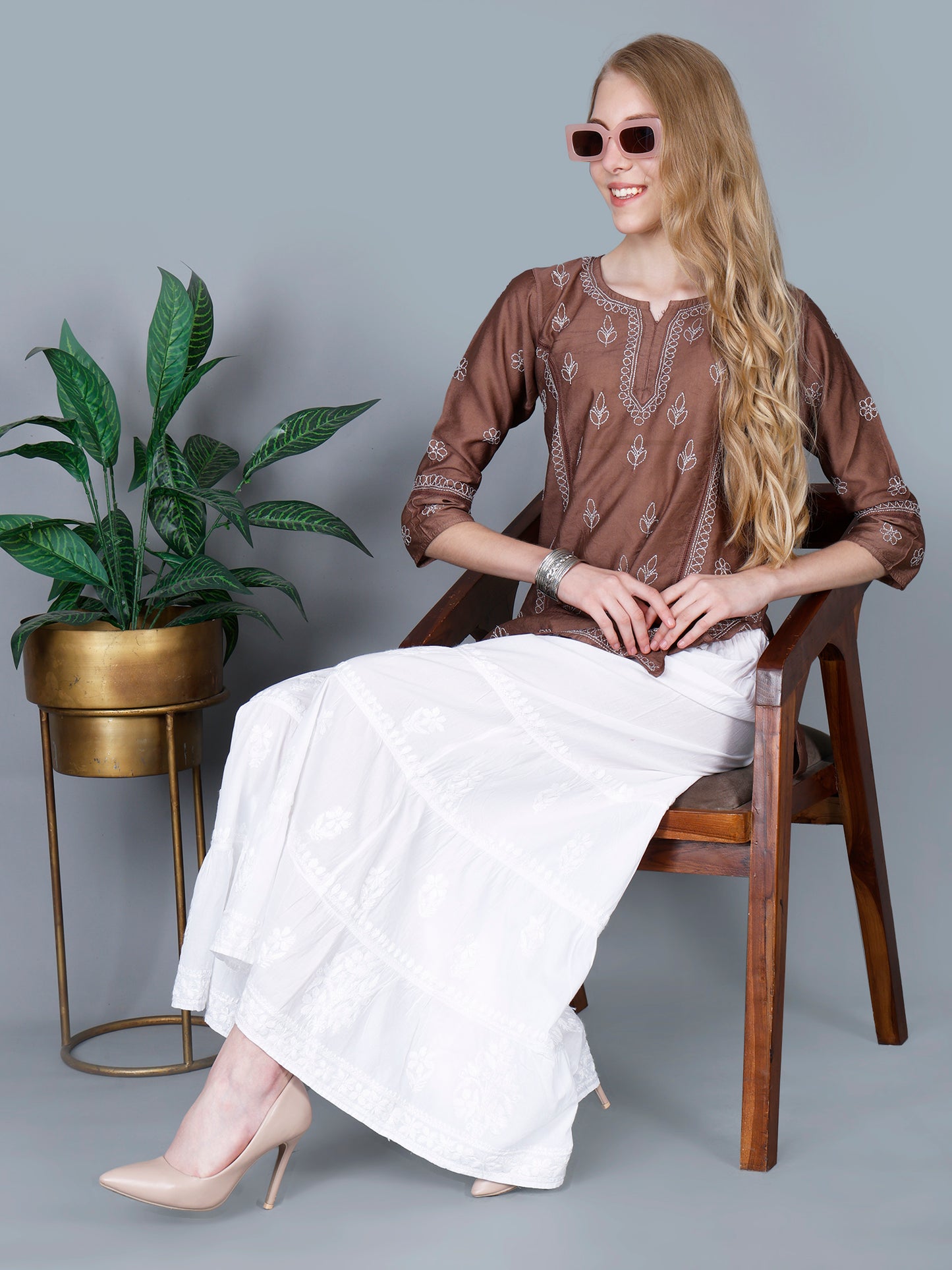 The Chikankari Story Women’s Lucknowi Hand-Embroidered Chanderi Kurti with Crochet Lace Partition – Available in Red, Yellow, Powder Blue, Purple, Brown & Pink