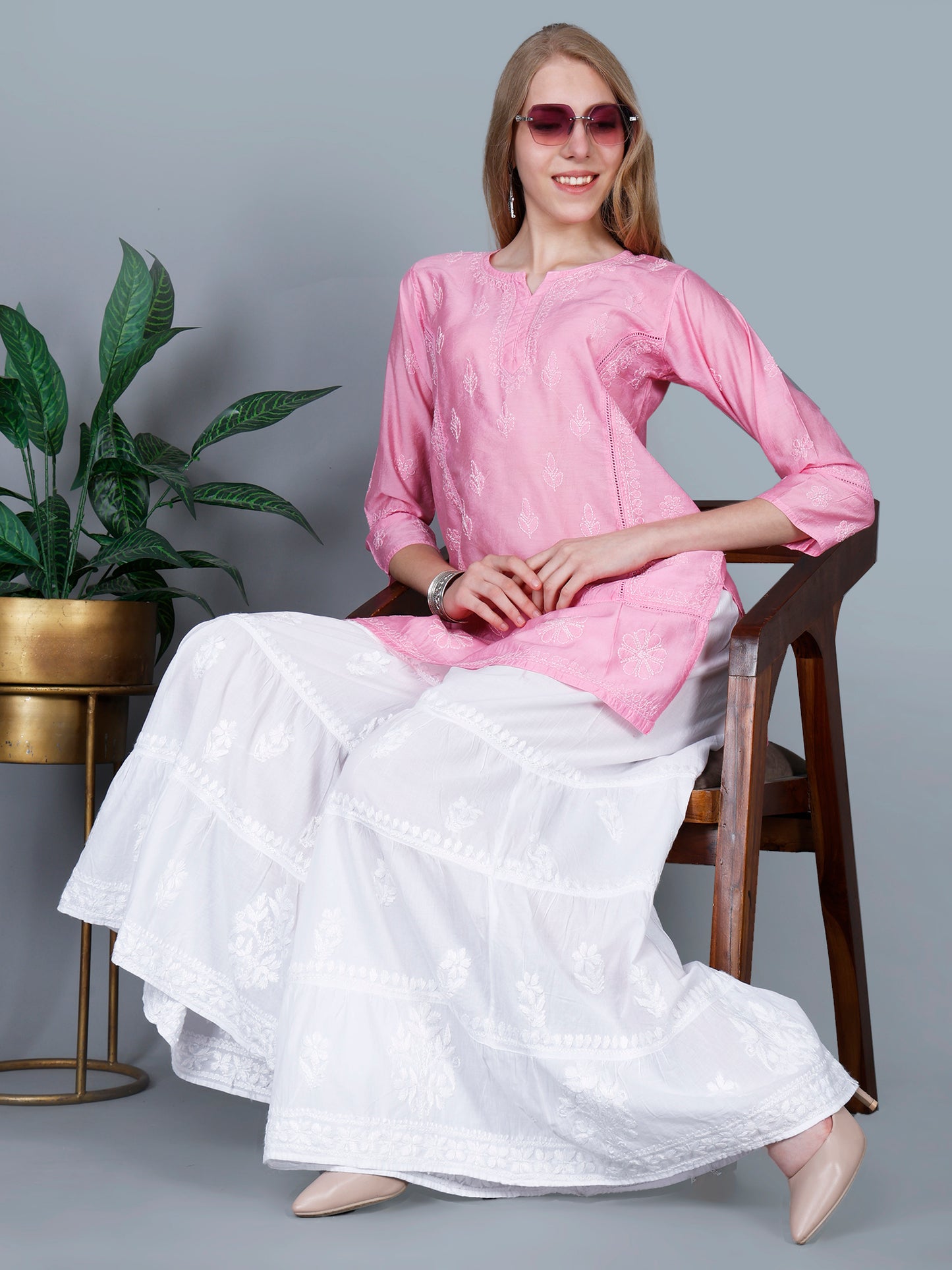 The Chikankari Story Women’s Lucknowi Hand-Embroidered Chanderi Kurti with Crochet Lace Partition – Available in Red, Yellow, Powder Blue, Purple, Brown & Pink