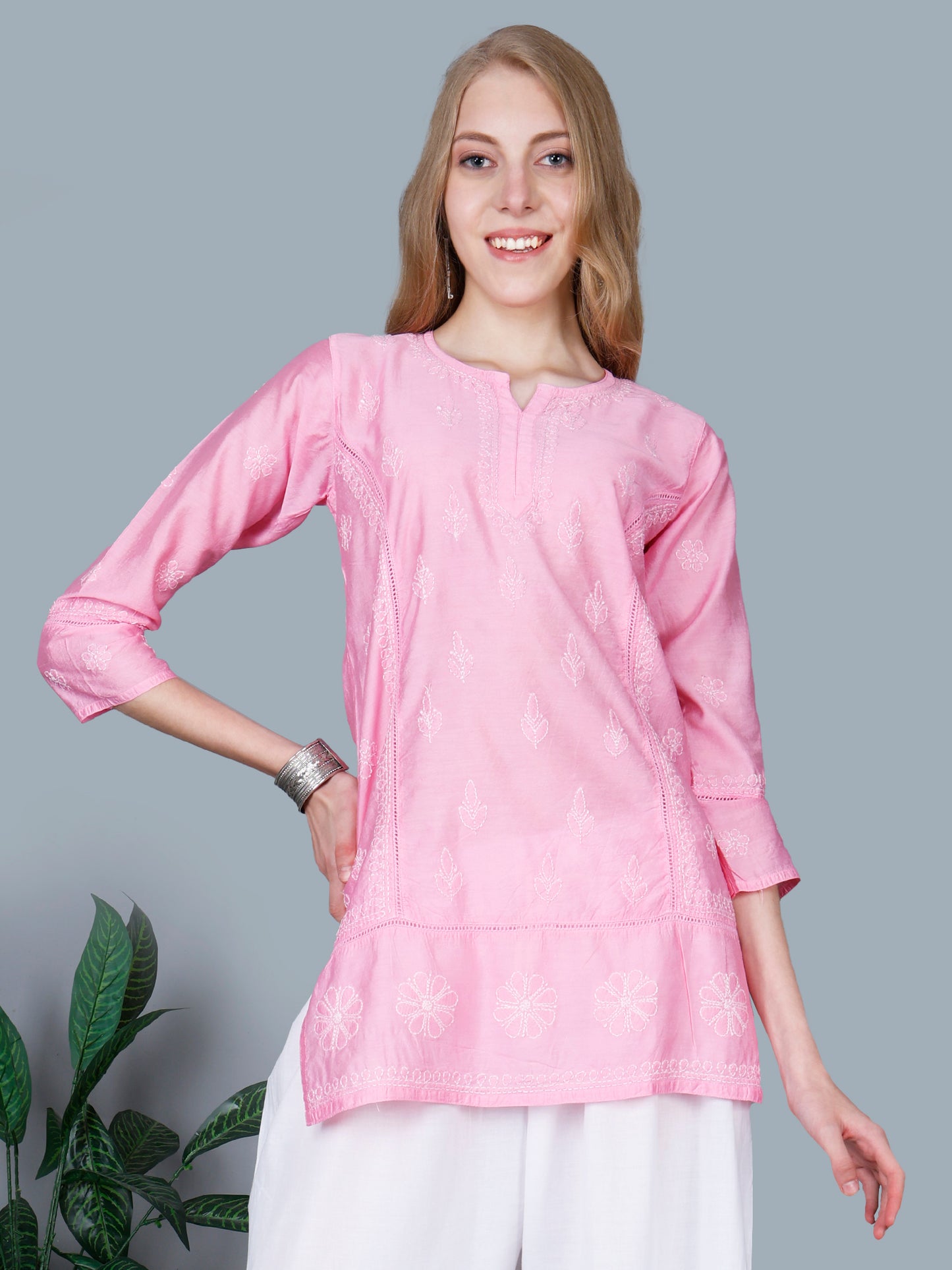 The Chikankari Story Women’s Lucknowi Hand-Embroidered Chanderi Kurti with Crochet Lace Partition – Available in Red, Yellow, Powder Blue, Purple, Brown & Pink