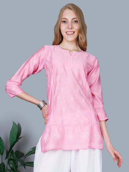 The Chikankari Story Women’s Lucknowi Hand-Embroidered Chanderi Kurti with Crochet Lace Partition – Available in Red, Yellow, Powder Blue, Purple, Brown & Pink