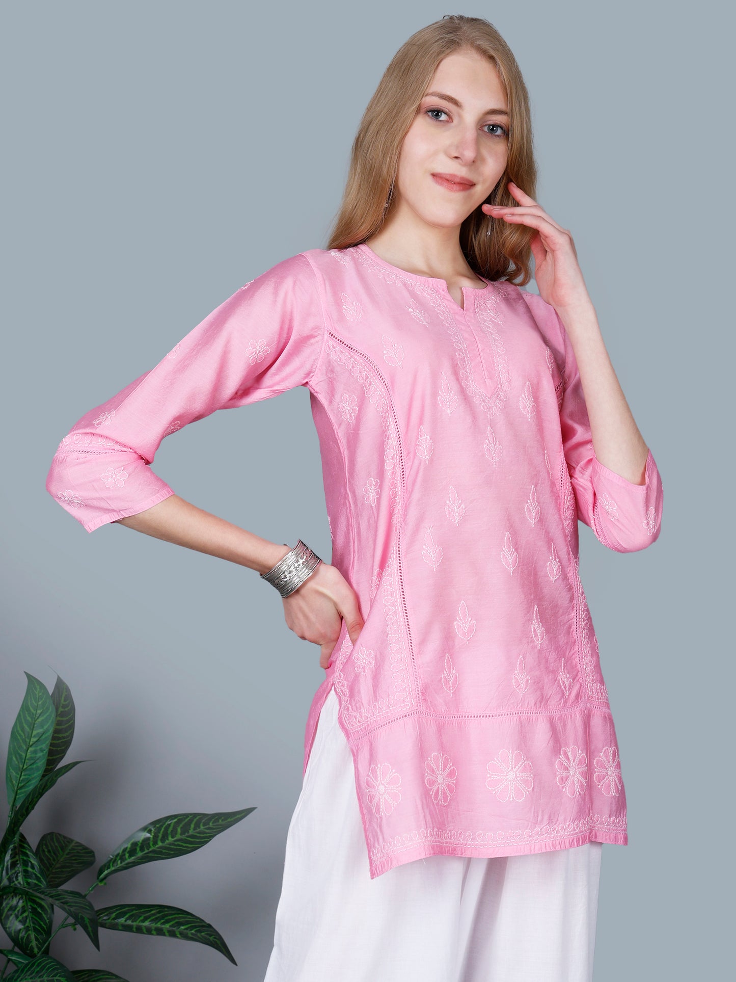 The Chikankari Story Women’s Lucknowi Hand-Embroidered Chanderi Kurti with Crochet Lace Partition – Available in Red, Yellow, Powder Blue, Purple, Brown & Pink