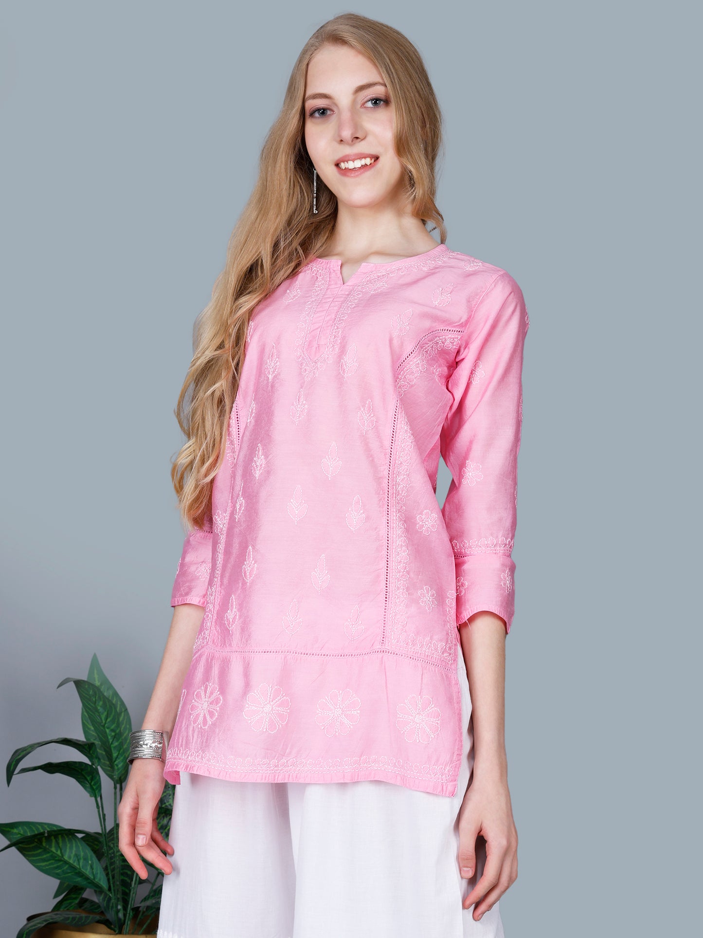 The Chikankari Story Women’s Lucknowi Hand-Embroidered Chanderi Kurti with Crochet Lace Partition – Available in Red, Yellow, Powder Blue, Purple, Brown & Pink