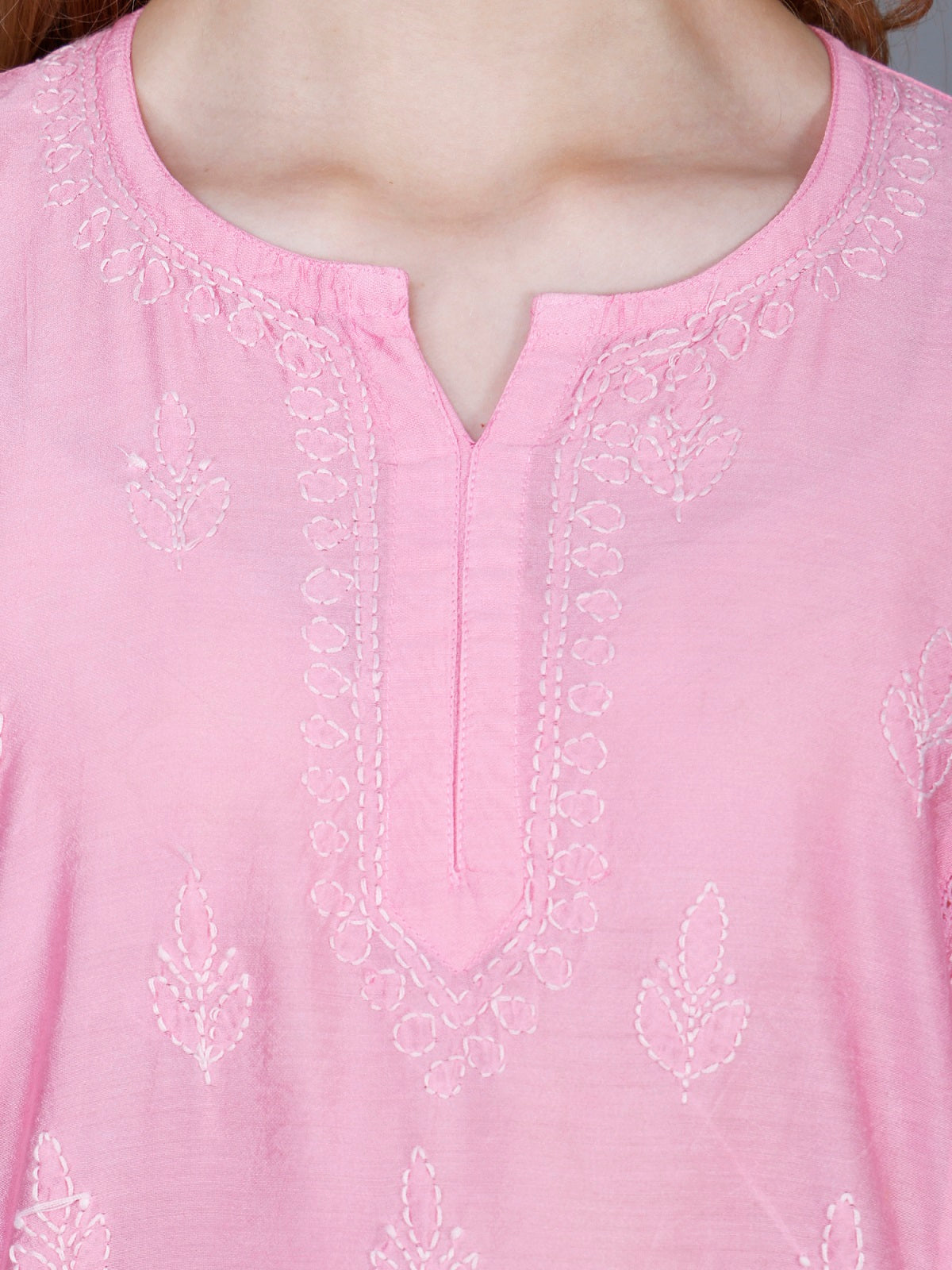 The Chikankari Story Women’s Lucknowi Hand-Embroidered Chanderi Kurti with Crochet Lace Partition – Available in Red, Yellow, Powder Blue, Purple, Brown & Pink