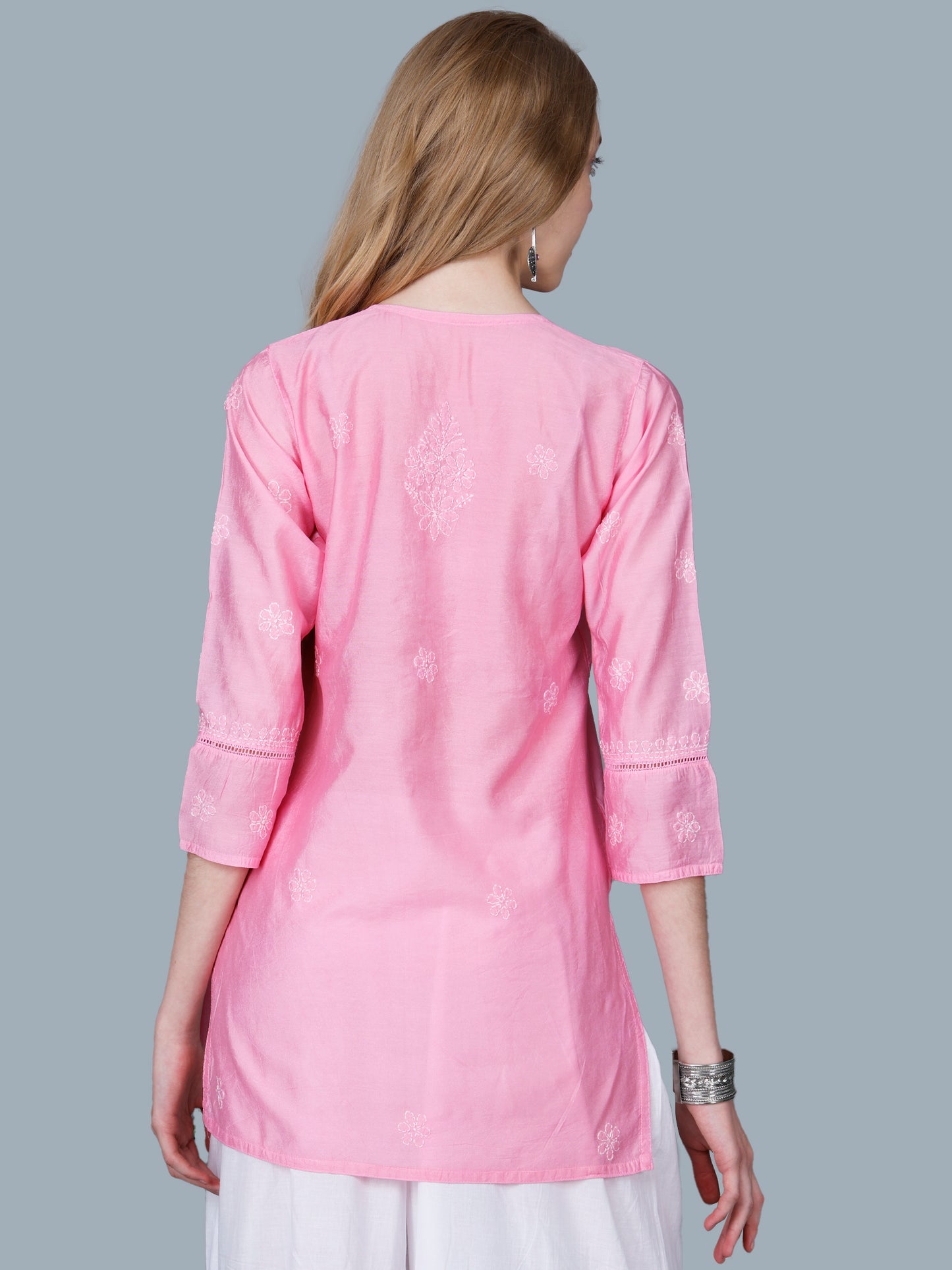 The Chikankari Story Women’s Lucknowi Hand-Embroidered Chanderi Kurti with Crochet Lace Partition – Available in Red, Yellow, Powder Blue, Purple, Brown & Pink
