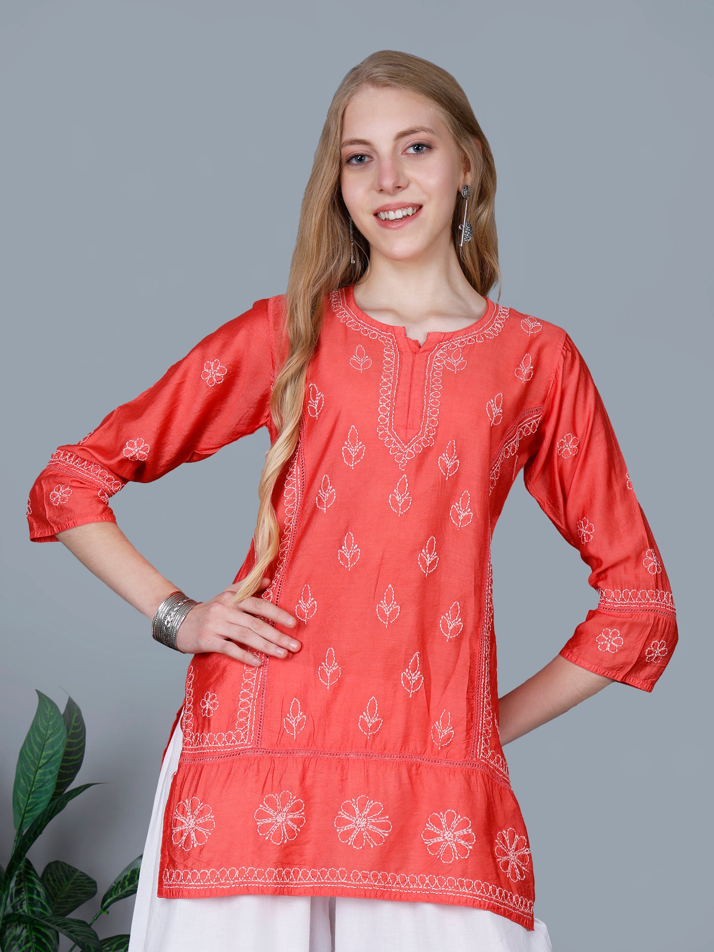 The Chikankari Story Women’s Lucknowi Hand-Embroidered Chanderi Kurti with Crochet Lace Partition – Available in Red, Yellow, Powder Blue, Purple, Brown & Pink