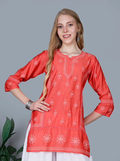 The Chikankari Story Women’s Lucknowi Hand-Embroidered Chanderi Kurti with Crochet Lace Partition – Available in Red, Yellow, Powder Blue, Purple, Brown & Pink