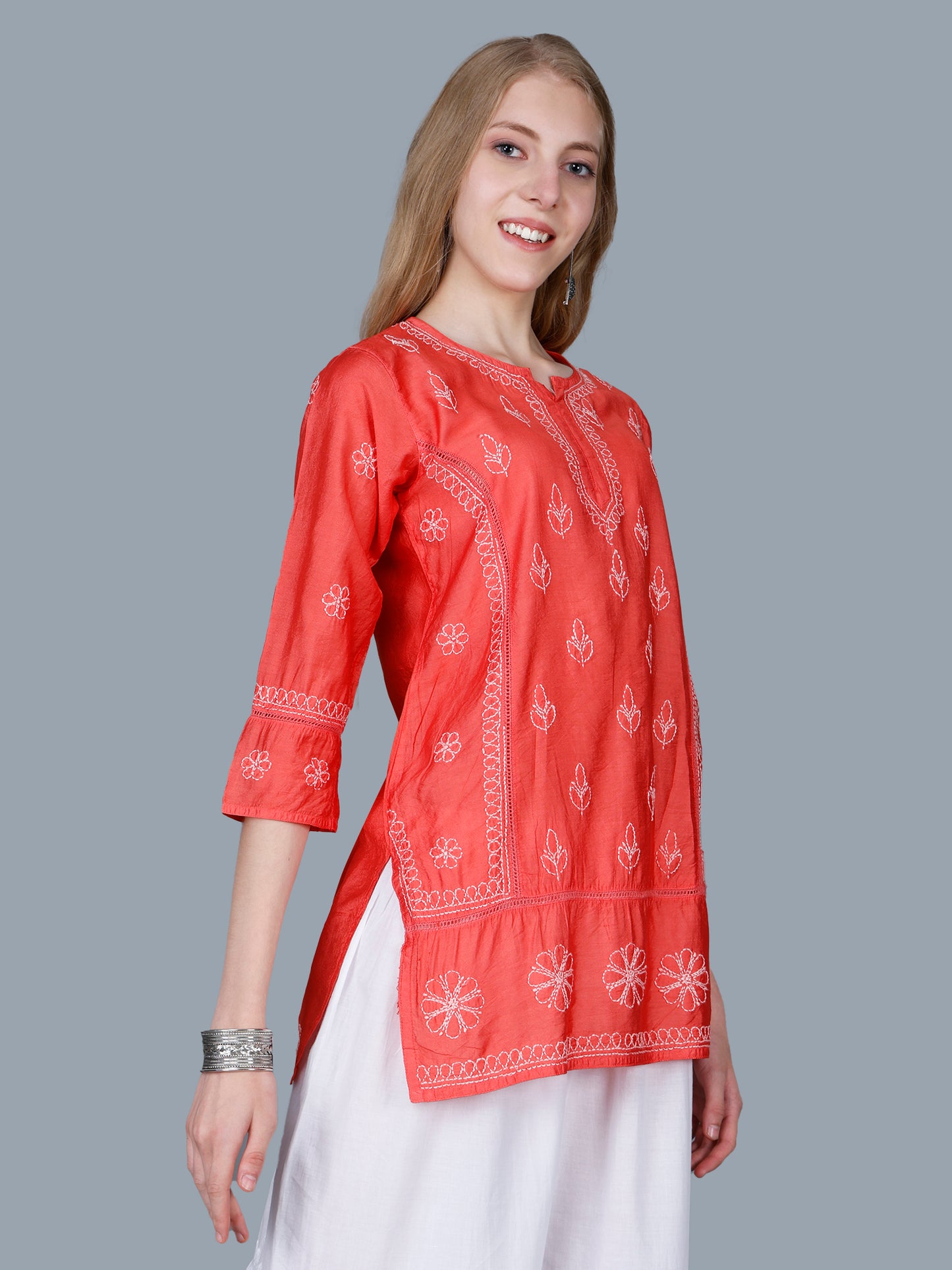The Chikankari Story Women’s Lucknowi Hand-Embroidered Chanderi Kurti with Crochet Lace Partition – Available in Red, Yellow, Powder Blue, Purple, Brown & Pink
