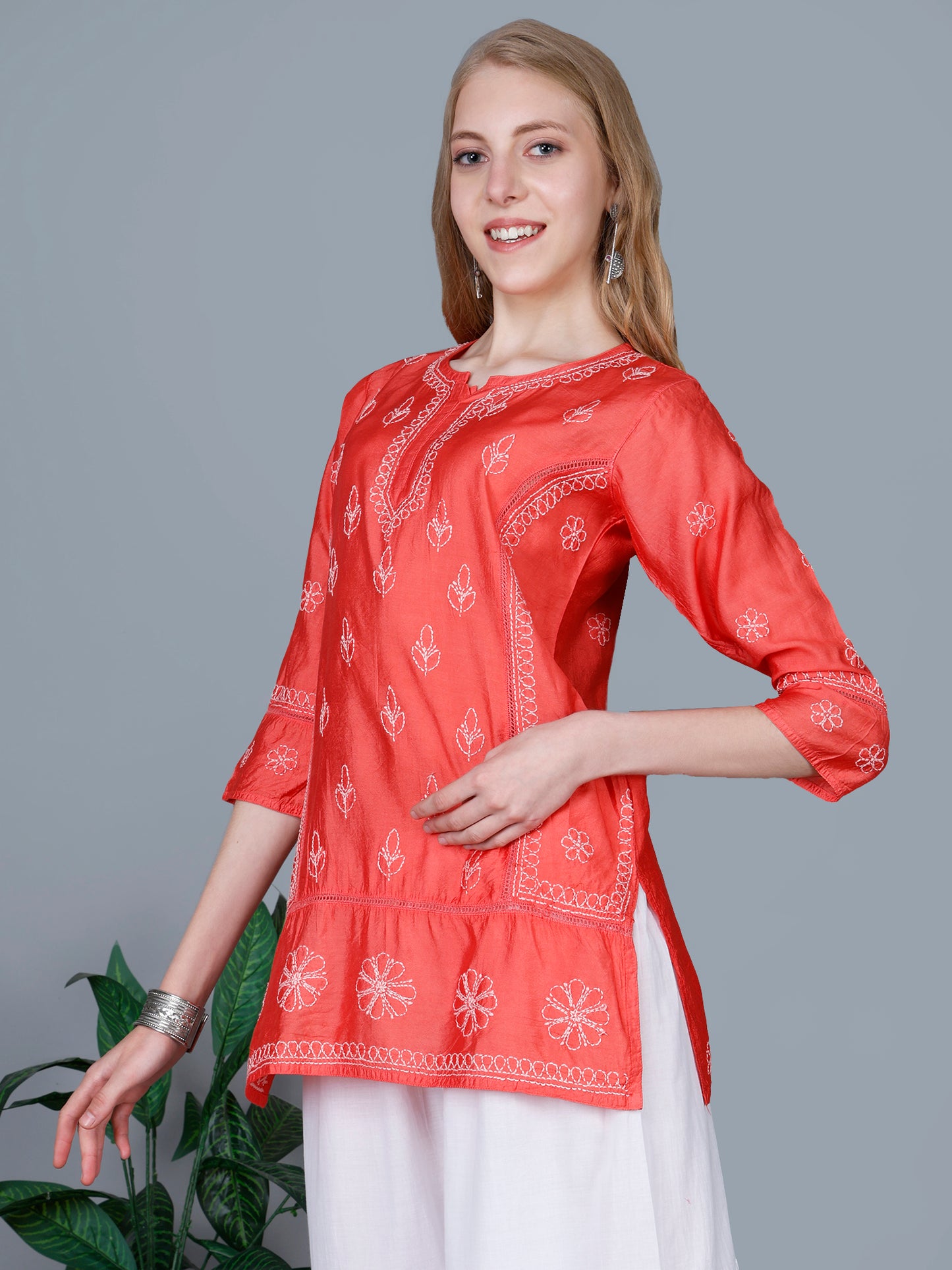 The Chikankari Story Women’s Lucknowi Hand-Embroidered Chanderi Kurti with Crochet Lace Partition – Available in Red, Yellow, Powder Blue, Purple, Brown & Pink