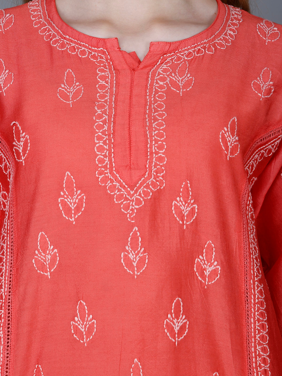 The Chikankari Story Women’s Lucknowi Hand-Embroidered Chanderi Kurti with Crochet Lace Partition – Available in Red, Yellow, Powder Blue, Purple, Brown & Pink