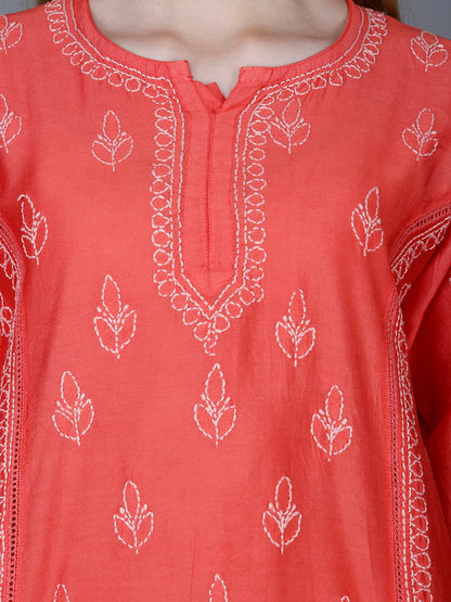 The Chikankari Story Women’s Lucknowi Hand-Embroidered Chanderi Kurti with Crochet Lace Partition – Available in Red, Yellow, Powder Blue, Purple, Brown & Pink