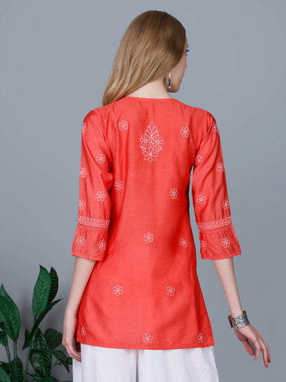 The Chikankari Story Women’s Lucknowi Hand-Embroidered Chanderi Kurti with Crochet Lace Partition – Available in Red, Yellow, Powder Blue, Purple, Brown & Pink