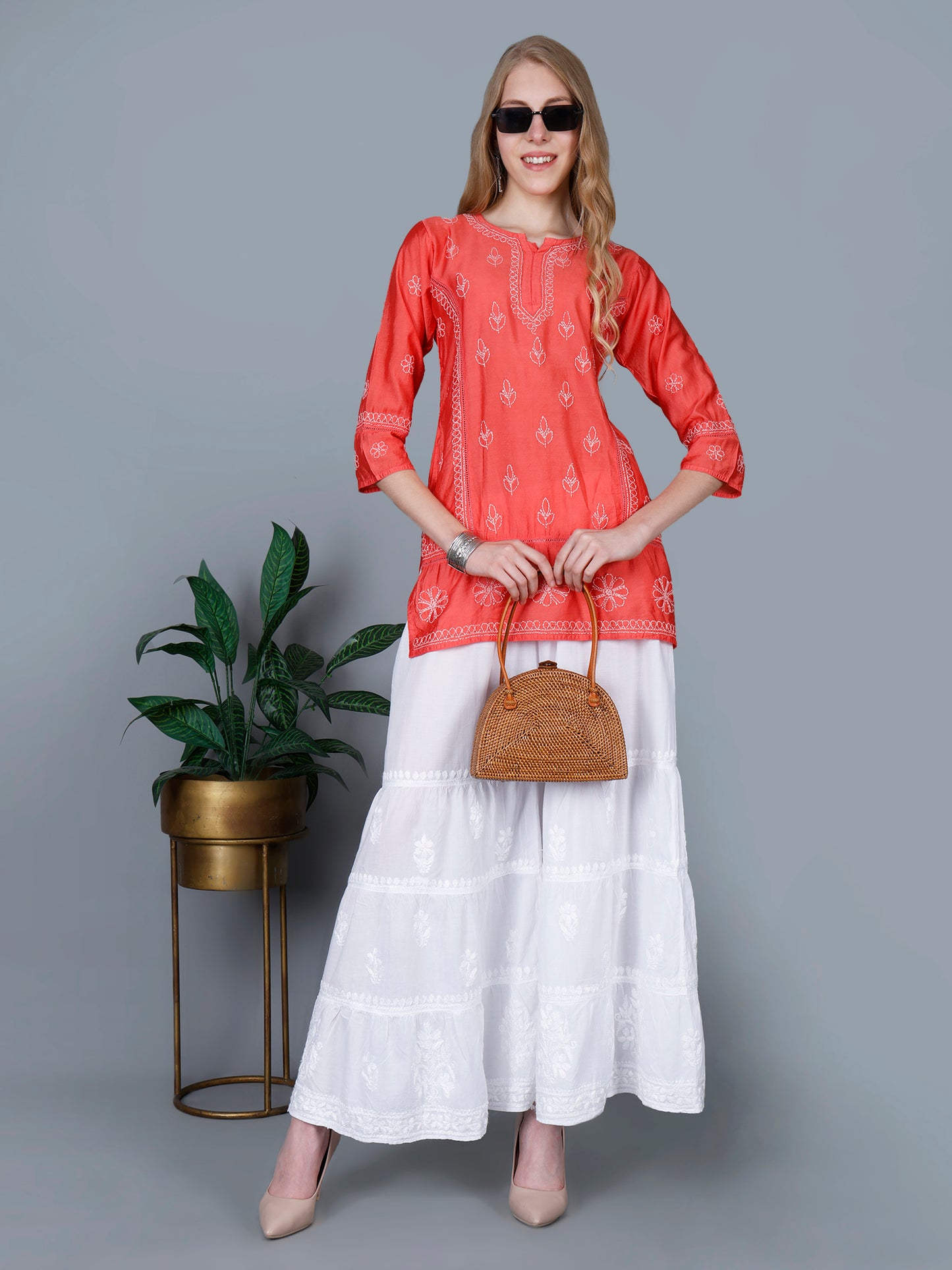 The Chikankari Story Women’s Lucknowi Hand-Embroidered Chanderi Kurti with Crochet Lace Partition – Available in Red, Yellow, Powder Blue, Purple, Brown & Pink