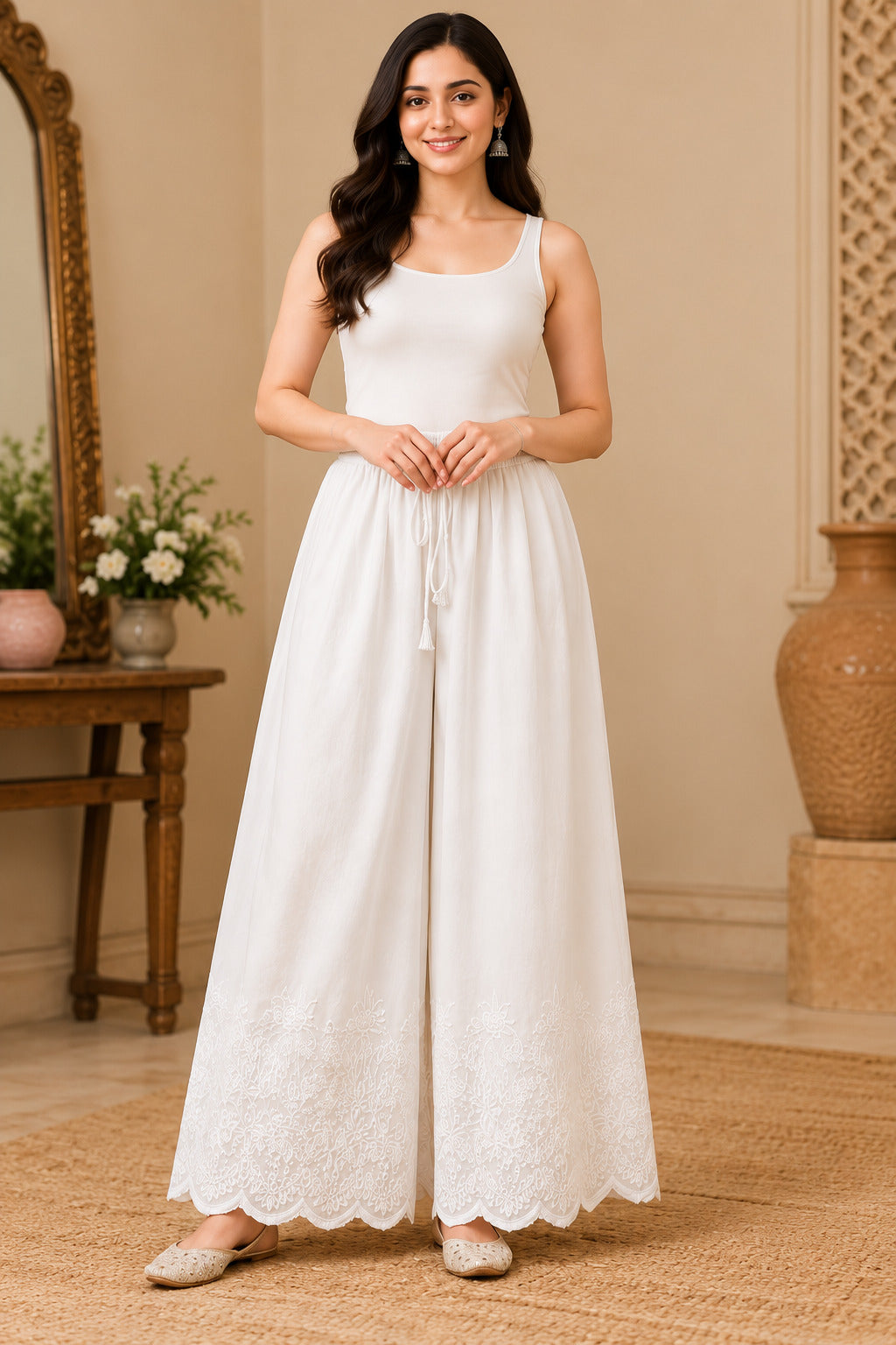 Women White Cotton Chikankari Hand Embroidered Palazzo