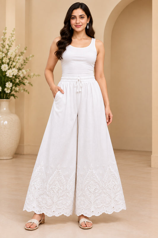 Women White Cotton Chikankari Hand Embroidered Palazzo