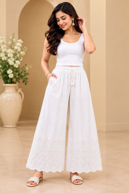 Women White Cotton Chikankari Hand Embroidered Palazzo