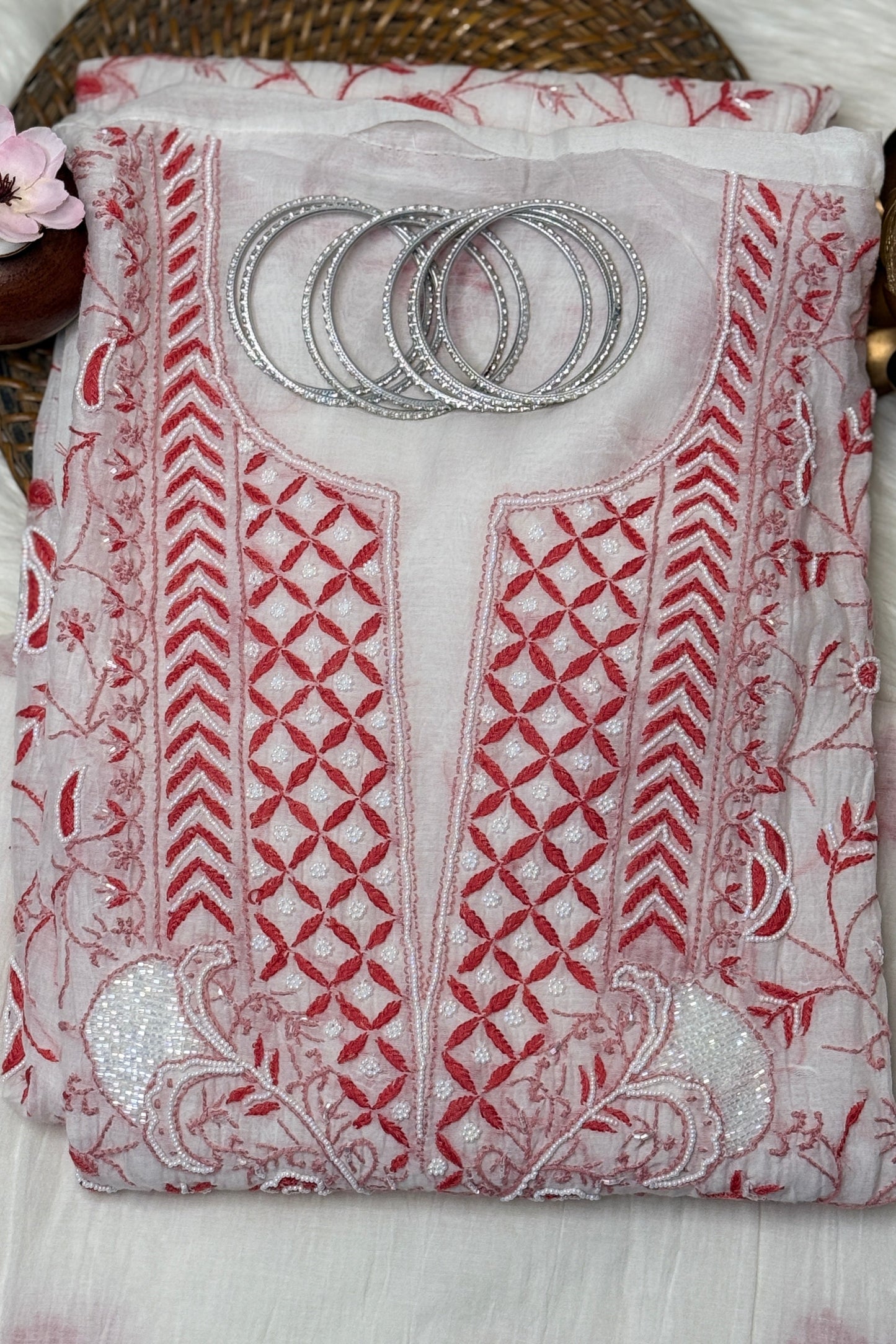 The Chikankari Story: Elegant Mulmul Chanderi Dyeable Unstitched Suit Set with Contrast Hand Embroidery & Moti Cut Dana Detailing – A Timeless Classic