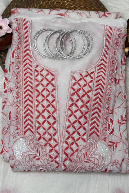 The Chikankari Story: Elegant Mulmul Chanderi Dyeable Unstitched Suit Set with Contrast Hand Embroidery & Moti Cut Dana Detailing – A Timeless Classic