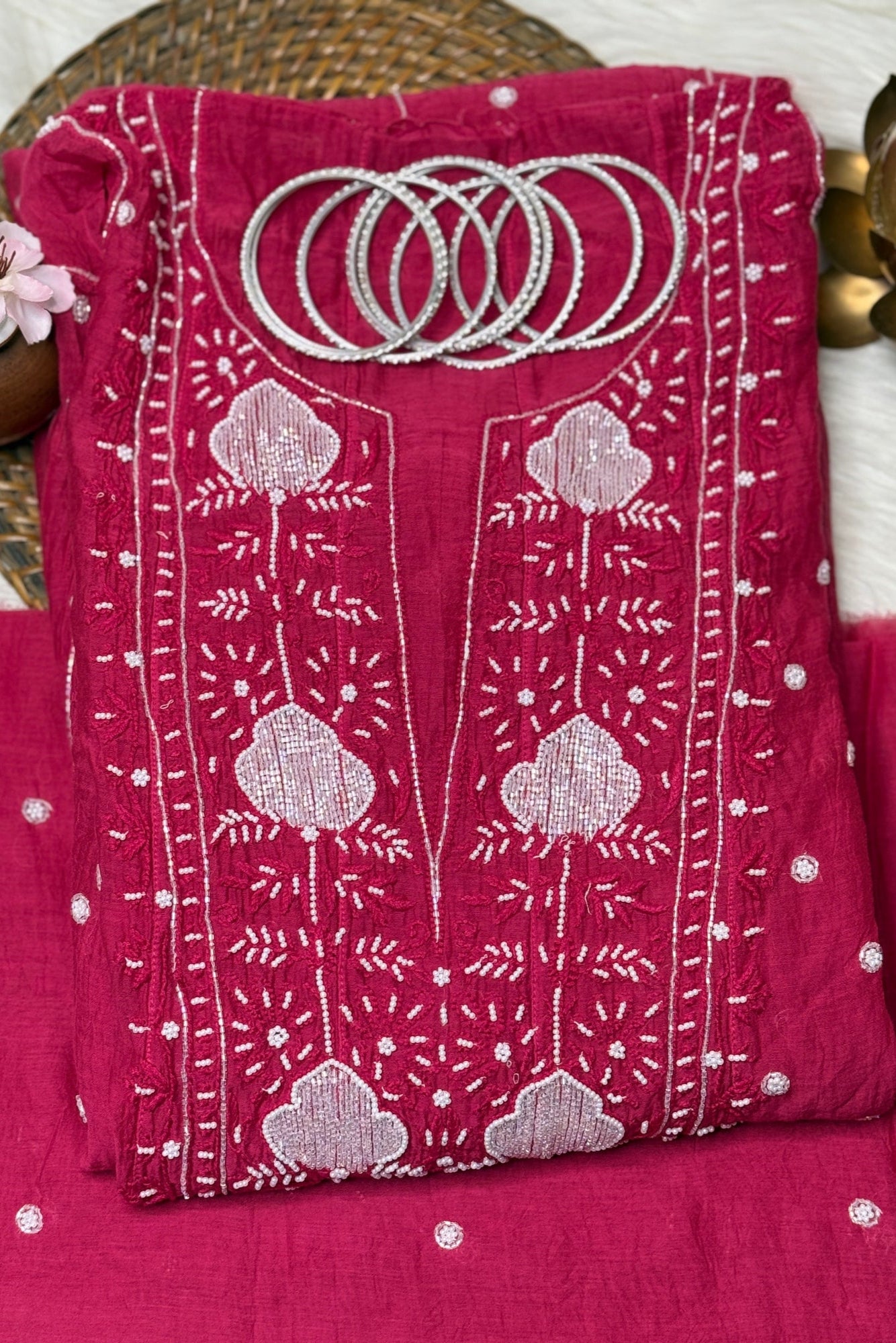 The Chikankari Story: Graceful Semi-Stitched Mul Chanderi Anarkali (with Dupatta) with Pearl & Cut Dana Detailing – A Celebration of Handcrafted Elegance