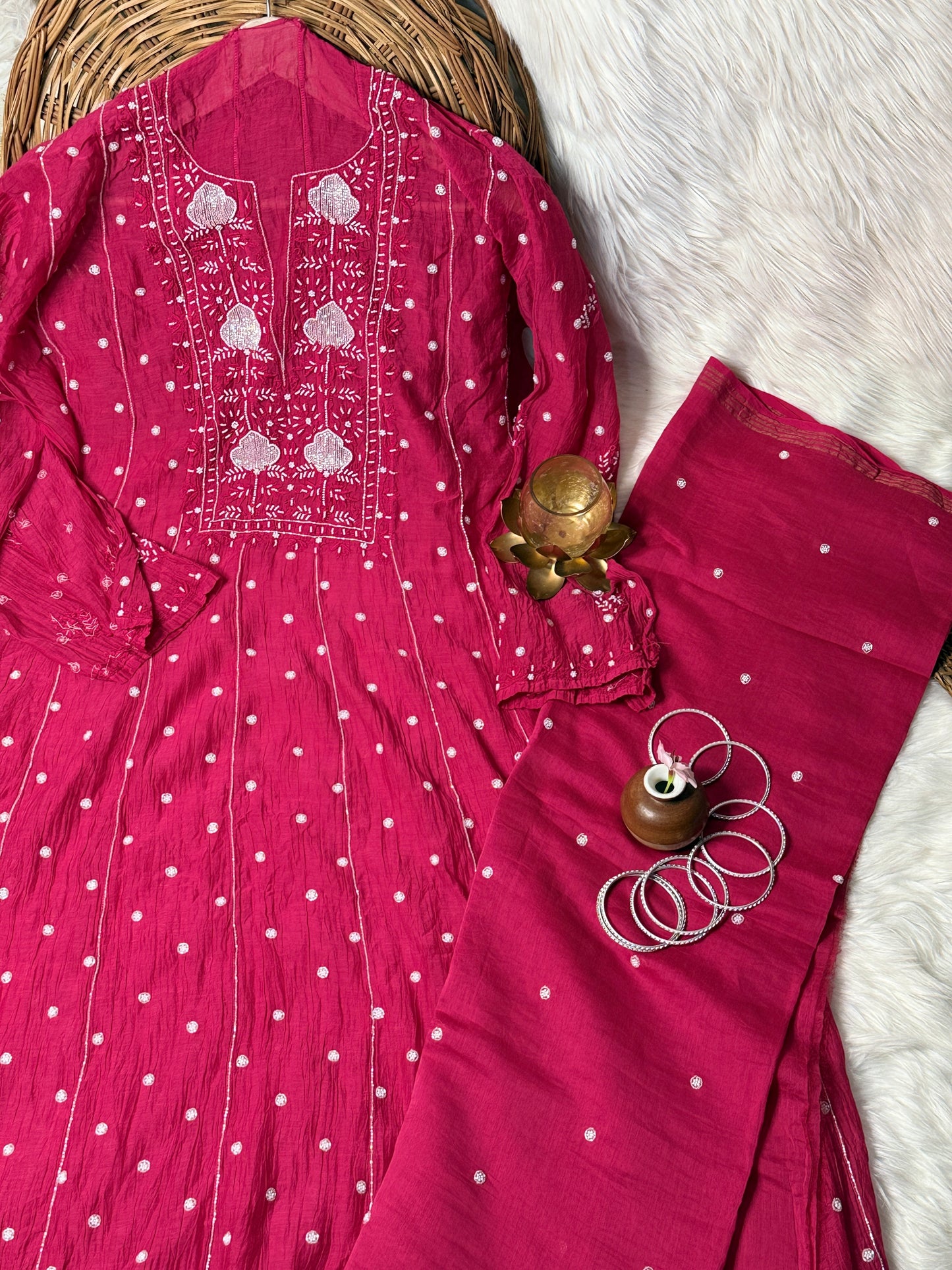 The Chikankari Story: Graceful Semi-Stitched Mul Chanderi Anarkali (with Dupatta) with Pearl & Cut Dana Detailing – A Celebration of Handcrafted Elegance