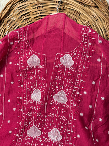 The Chikankari Story: Graceful Semi-Stitched Mul Chanderi Anarkali (with Dupatta) with Pearl & Cut Dana Detailing – A Celebration of Handcrafted Elegance