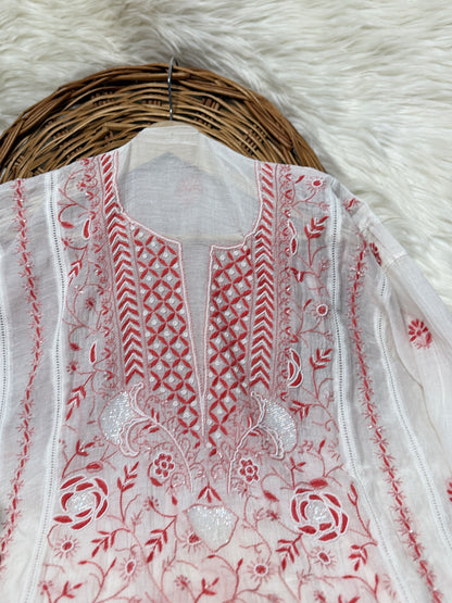 The Chikankari Story: Elegant Mulmul Chanderi Dyeable Unstitched Suit Set with Contrast Hand Embroidery & Moti Cut Dana Detailing – A Timeless Classic