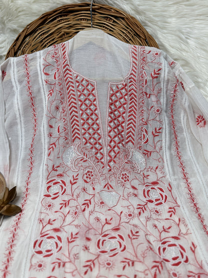 The Chikankari Story: Elegant Mulmul Chanderi Dyeable Unstitched Suit Set with Contrast Hand Embroidery & Moti Cut Dana Detailing – A Timeless Classic