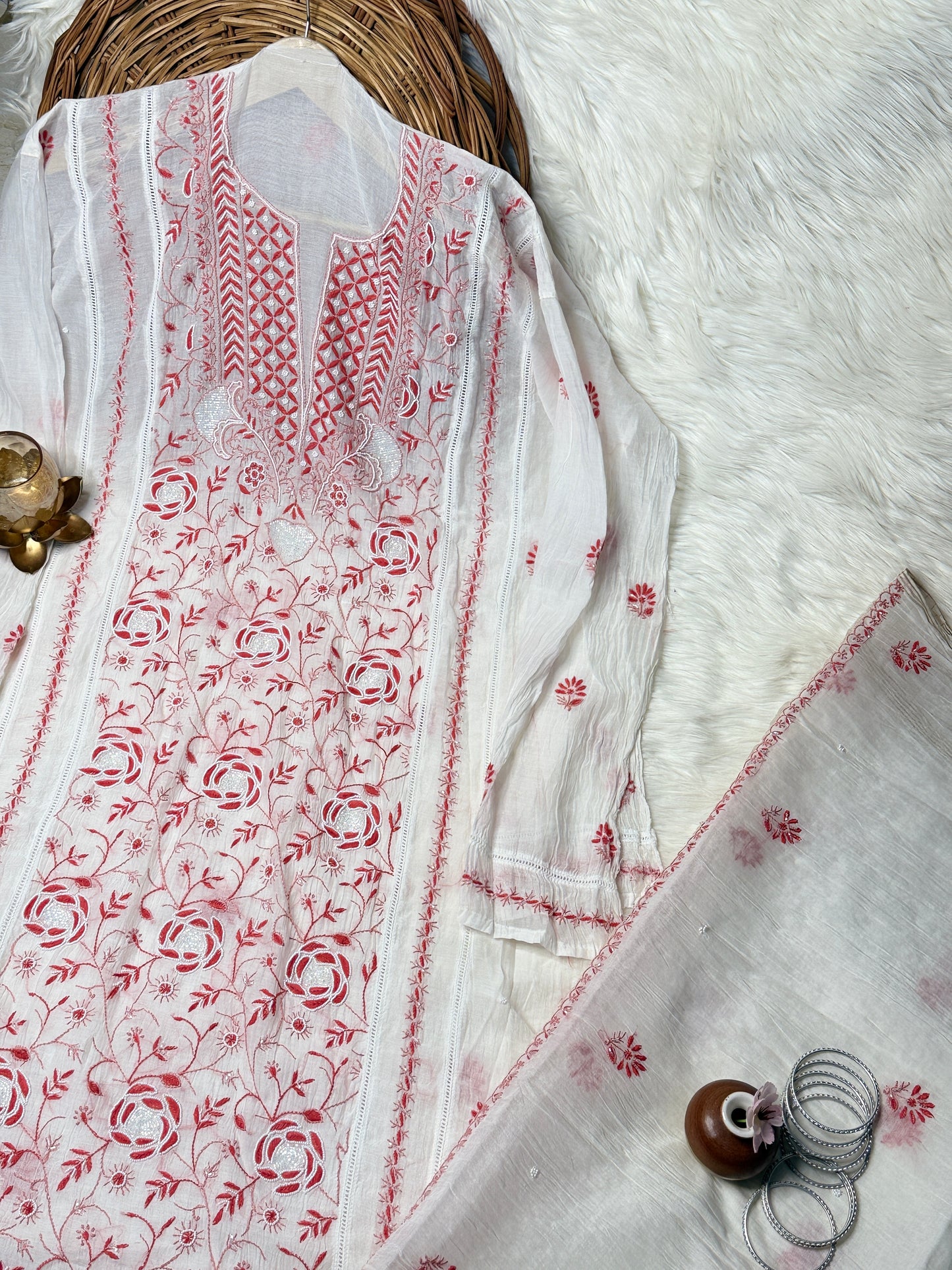 The Chikankari Story: Elegant Mulmul Chanderi Dyeable Unstitched Suit Set with Contrast Hand Embroidery & Moti Cut Dana Detailing – A Timeless Classic