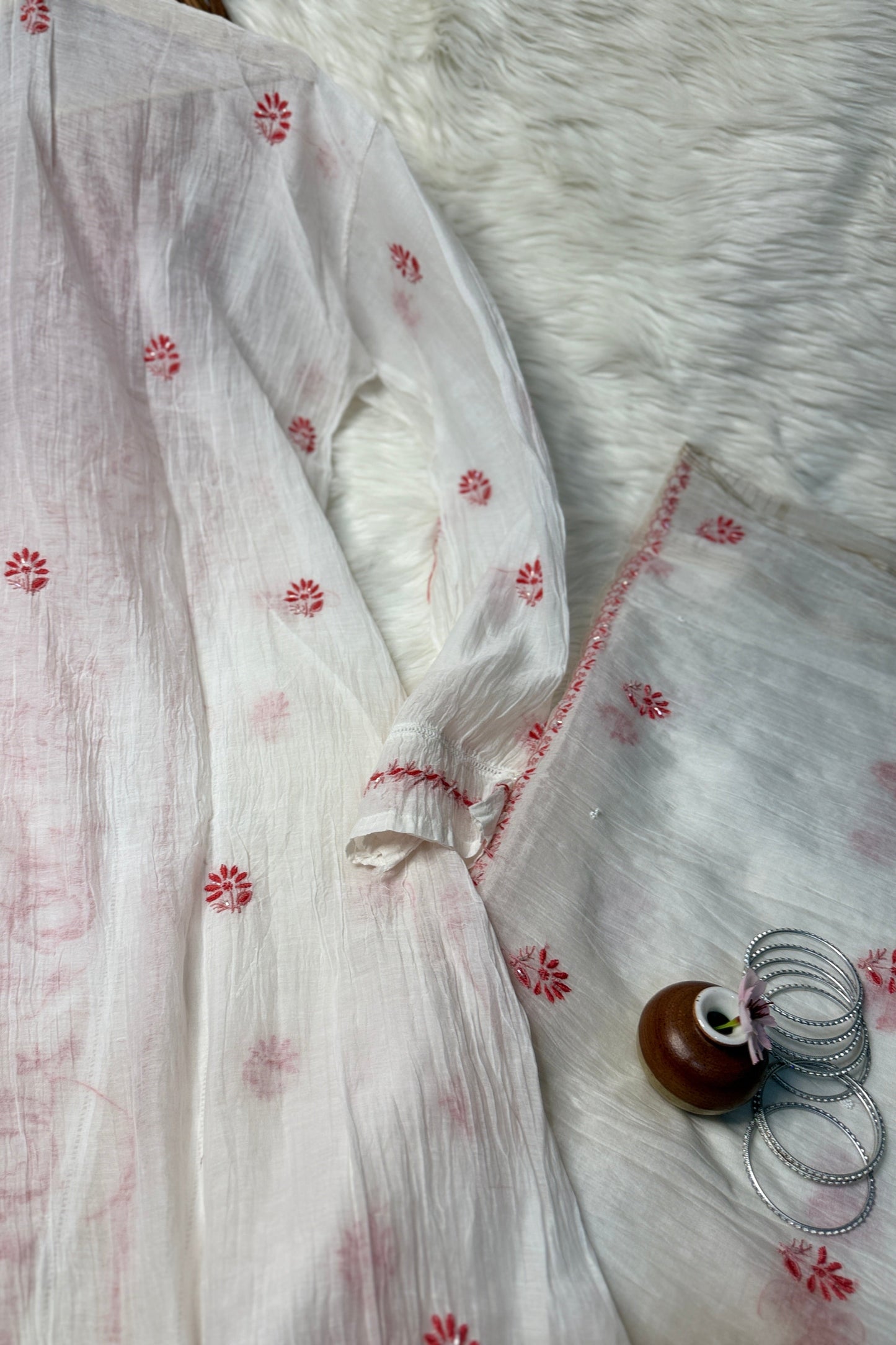 The Chikankari Story: Elegant Mulmul Chanderi Dyeable Unstitched Suit Set with Contrast Hand Embroidery & Moti Cut Dana Detailing – A Timeless Classic