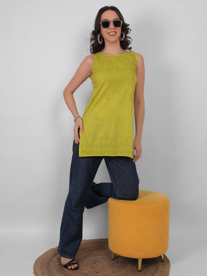 The Chikankari Story: White Sleeveless Chikankari Top and Tunic with Hand Embroidery – Lakhnavi Bakhiya and Thread Work