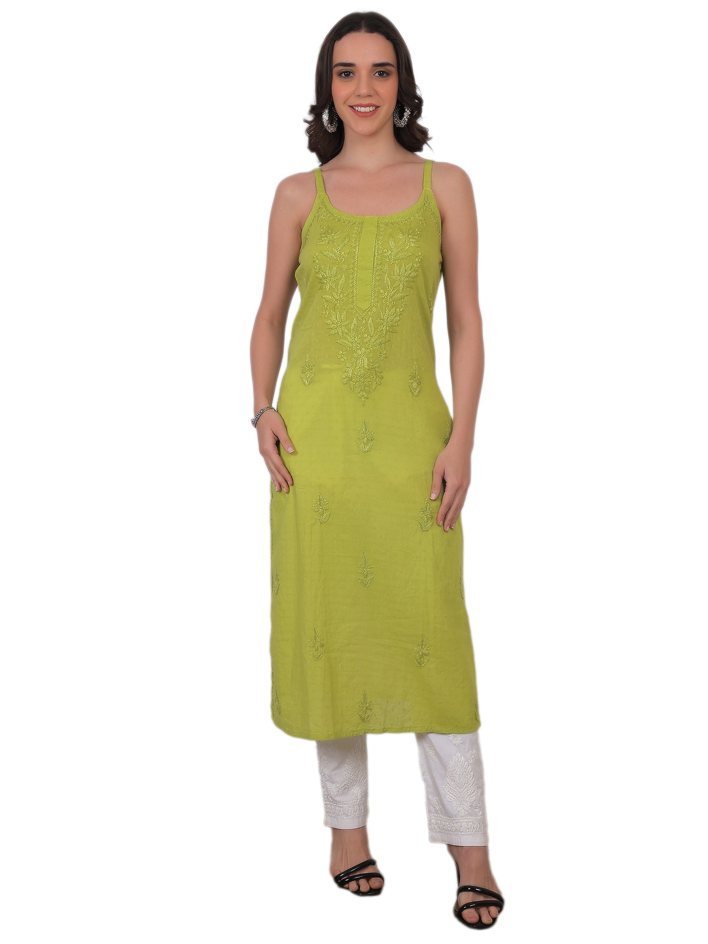 Shop sea green pure cotton dobby Chikankari straight kurti with authentic Lucknowi hand embroidery. Soft, breathable and perfect for summer wear.