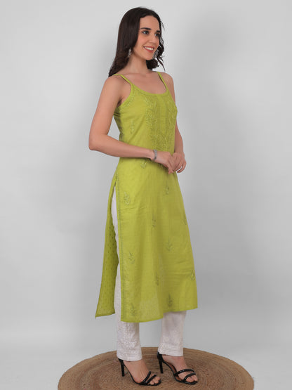 Shop sea green pure cotton dobby Chikankari straight kurti with authentic Lucknowi hand embroidery. Soft, breathable and perfect for summer wear.