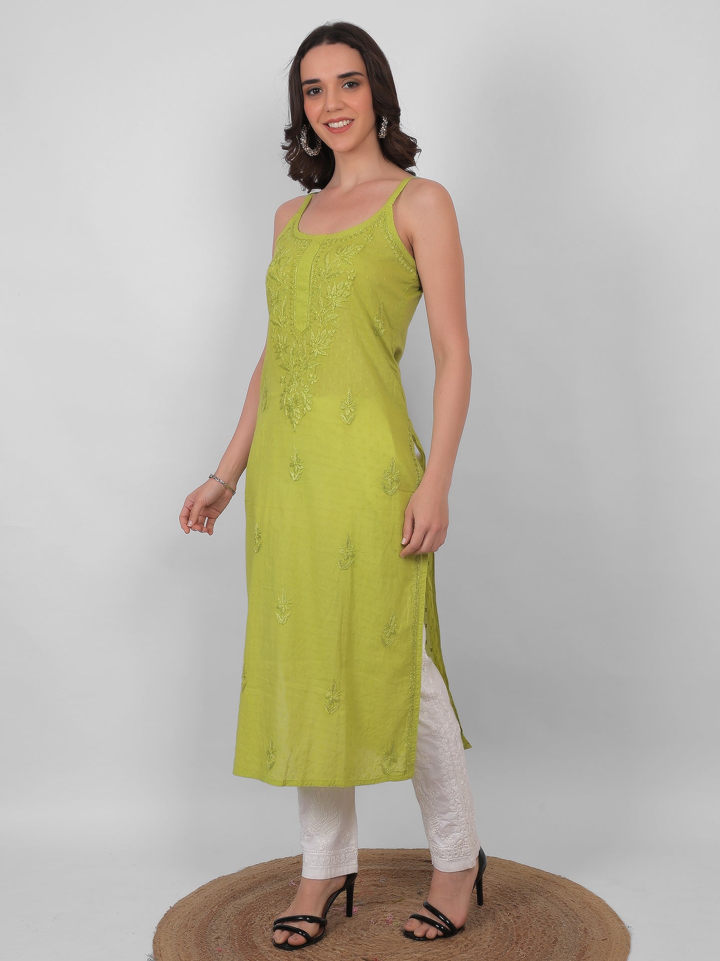 Shop sea green pure cotton dobby Chikankari straight kurti with authentic Lucknowi hand embroidery. Soft, breathable and perfect for summer wear.