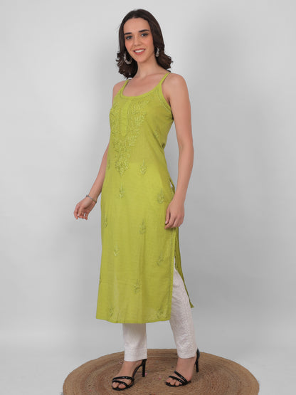 Shop sea green pure cotton dobby Chikankari straight kurti with authentic Lucknowi hand embroidery. Soft, breathable and perfect for summer wear.