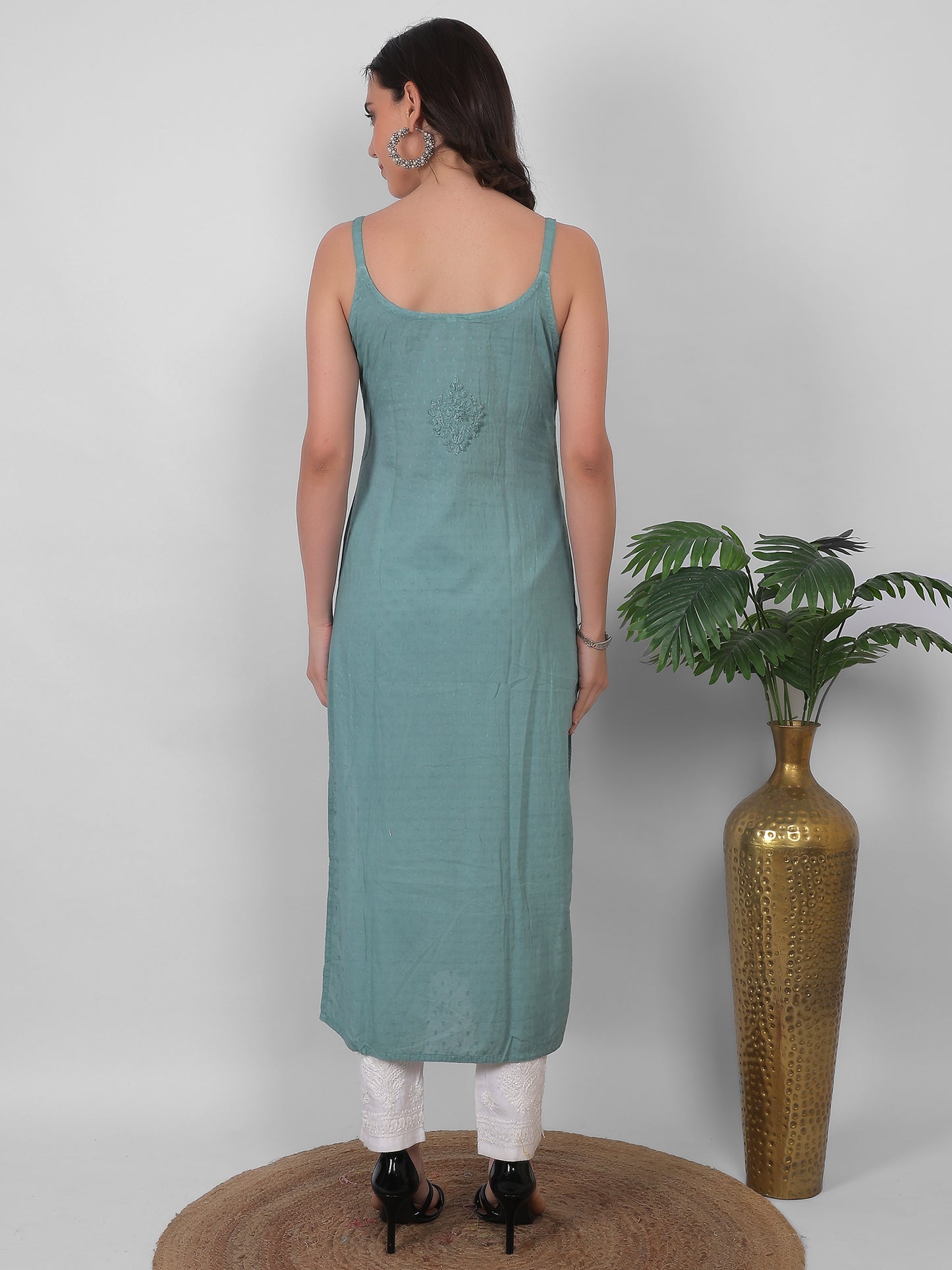 Shop sea green pure cotton dobby Chikankari straight kurti with authentic Lucknowi hand embroidery. Soft, breathable and perfect for summer wear.