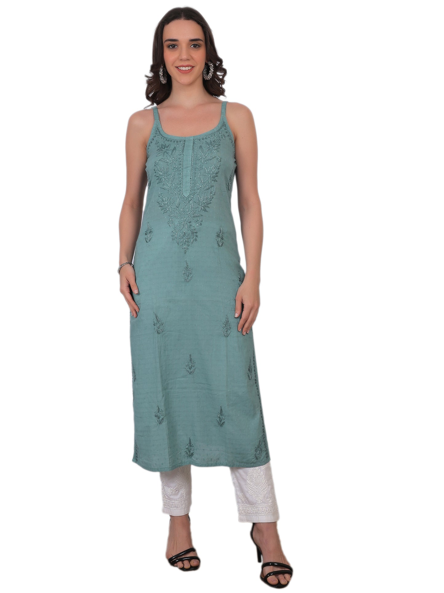 Shop sea green pure cotton dobby Chikankari straight kurti with authentic Lucknowi hand embroidery. Soft, breathable and perfect for summer wear.