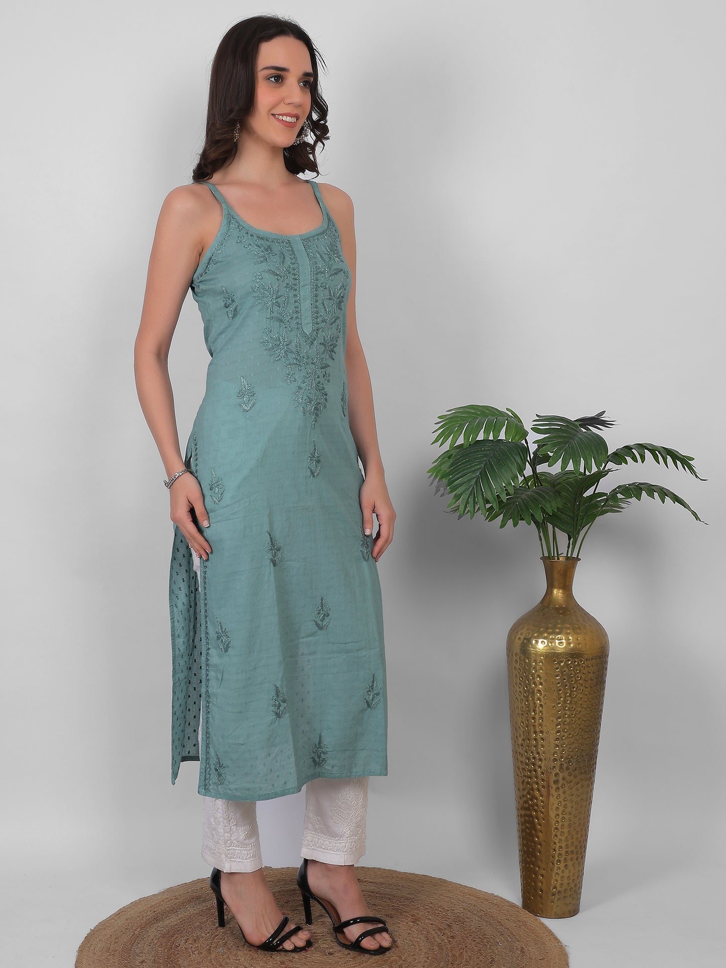 Shop sea green pure cotton dobby Chikankari straight kurti with authentic Lucknowi hand embroidery. Soft, breathable and perfect for summer wear.