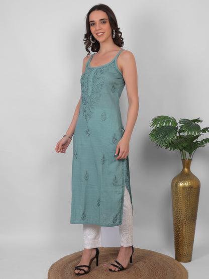 Shop sea green pure cotton dobby Chikankari straight kurti with authentic Lucknowi hand embroidery. Soft, breathable and perfect for summer wear.