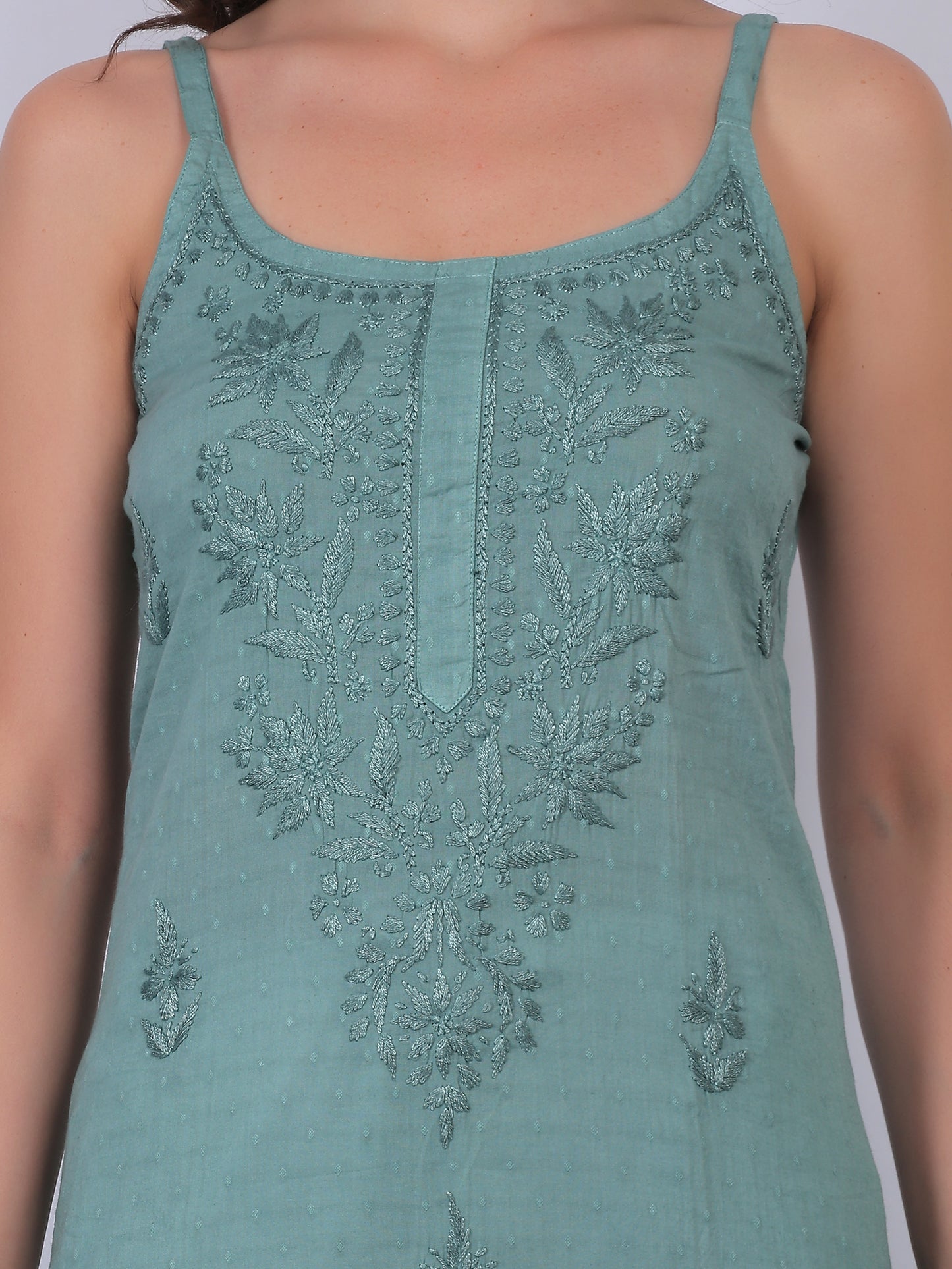 Shop sea green pure cotton dobby Chikankari straight kurti with authentic Lucknowi hand embroidery. Soft, breathable and perfect for summer wear.