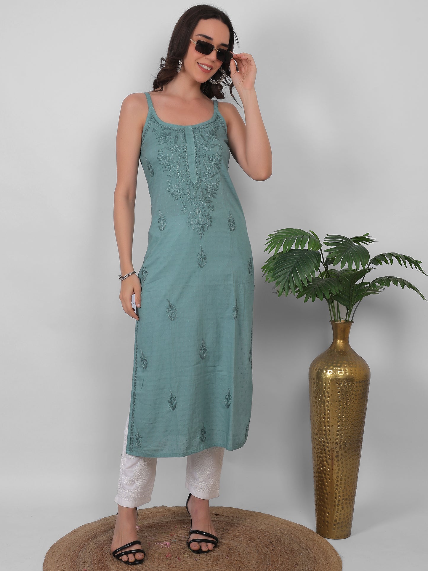 Shop sea green pure cotton dobby Chikankari straight kurti with authentic Lucknowi hand embroidery. Soft, breathable and perfect for summer wear.