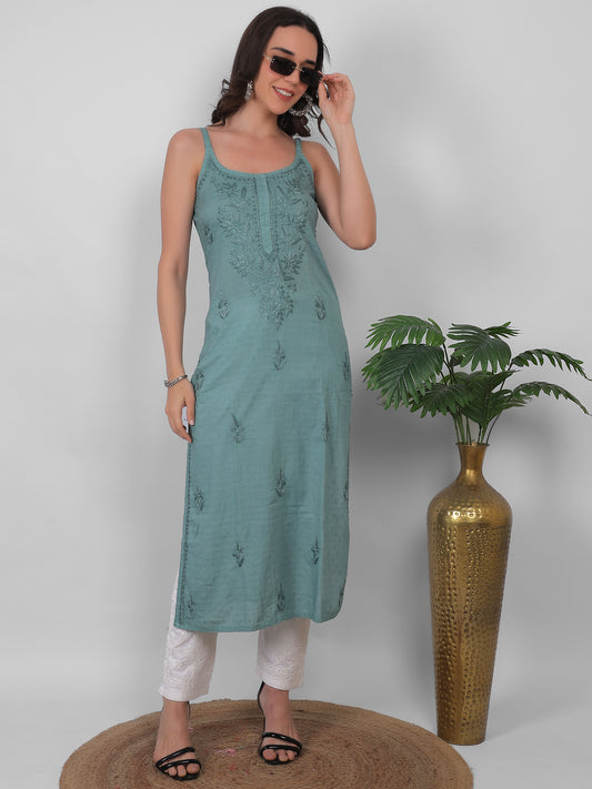 Shop sea green pure cotton dobby Chikankari straight kurti with authentic Lucknowi hand embroidery. Soft, breathable and perfect for summer wear.