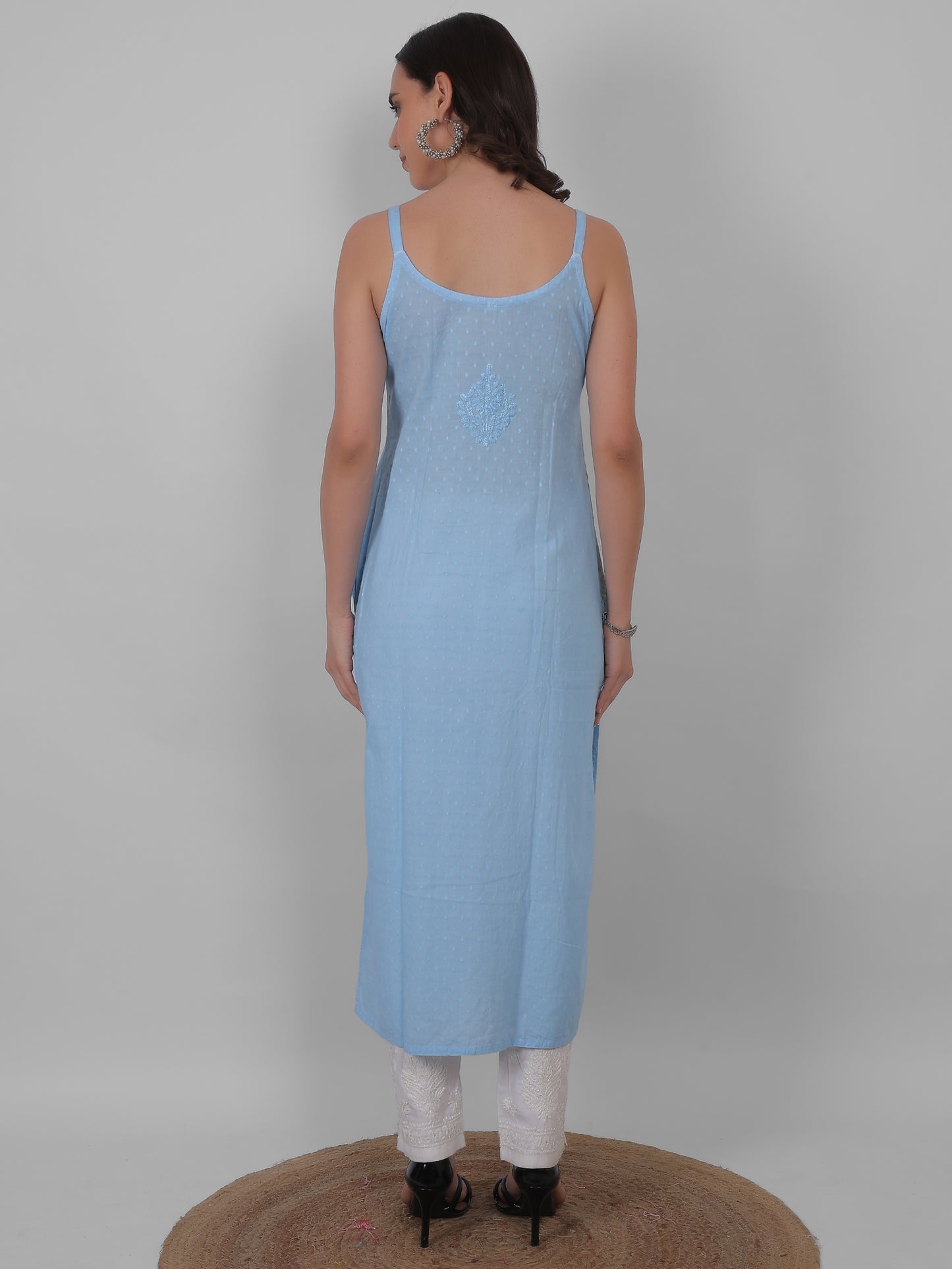 Shop sea green pure cotton dobby Chikankari straight kurti with authentic Lucknowi hand embroidery. Soft, breathable and perfect for summer wear.