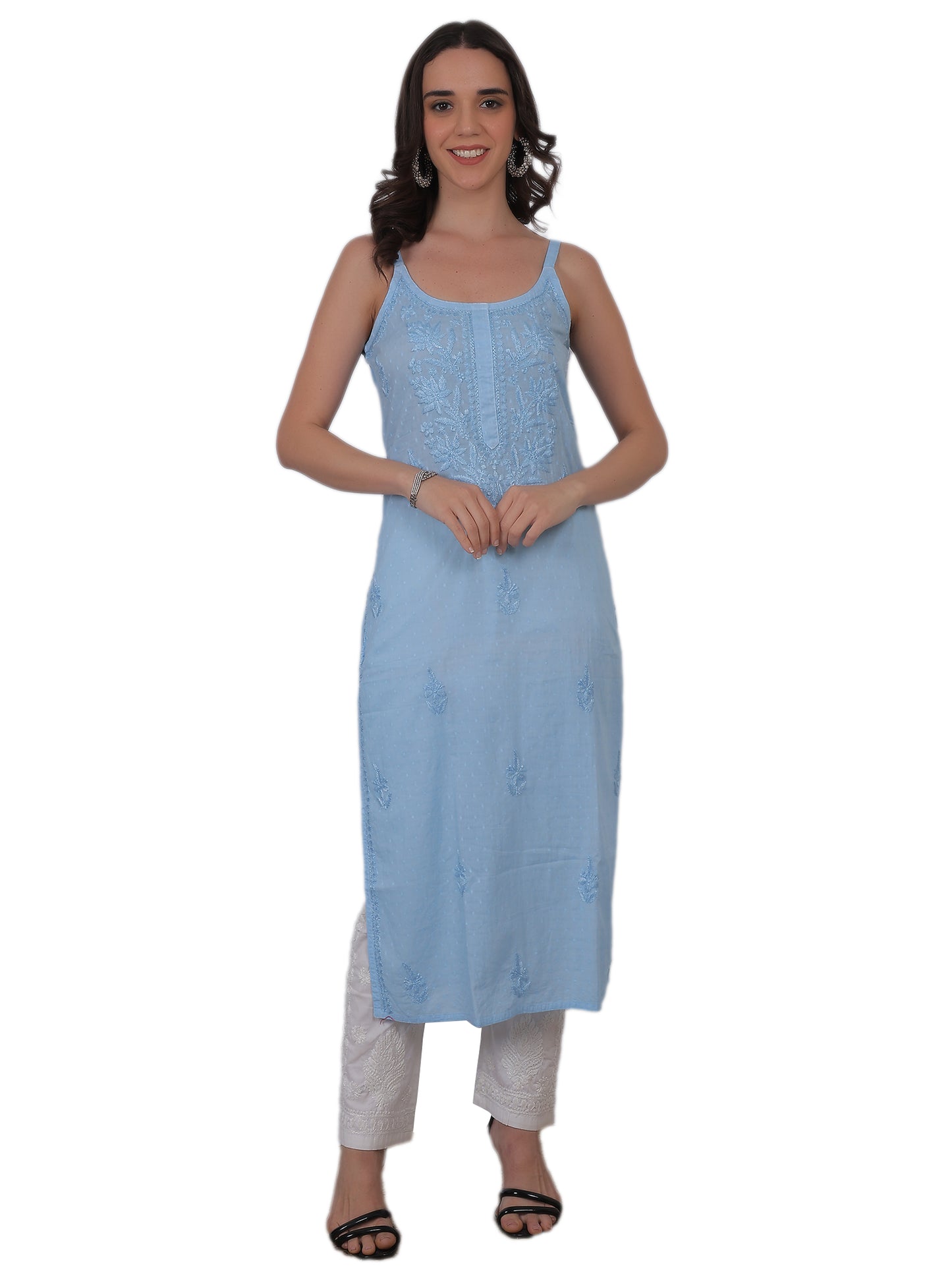 Shop sea green pure cotton dobby Chikankari straight kurti with authentic Lucknowi hand embroidery. Soft, breathable and perfect for summer wear.