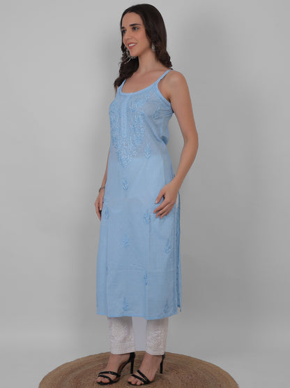 Shop sea green pure cotton dobby Chikankari straight kurti with authentic Lucknowi hand embroidery. Soft, breathable and perfect for summer wear.