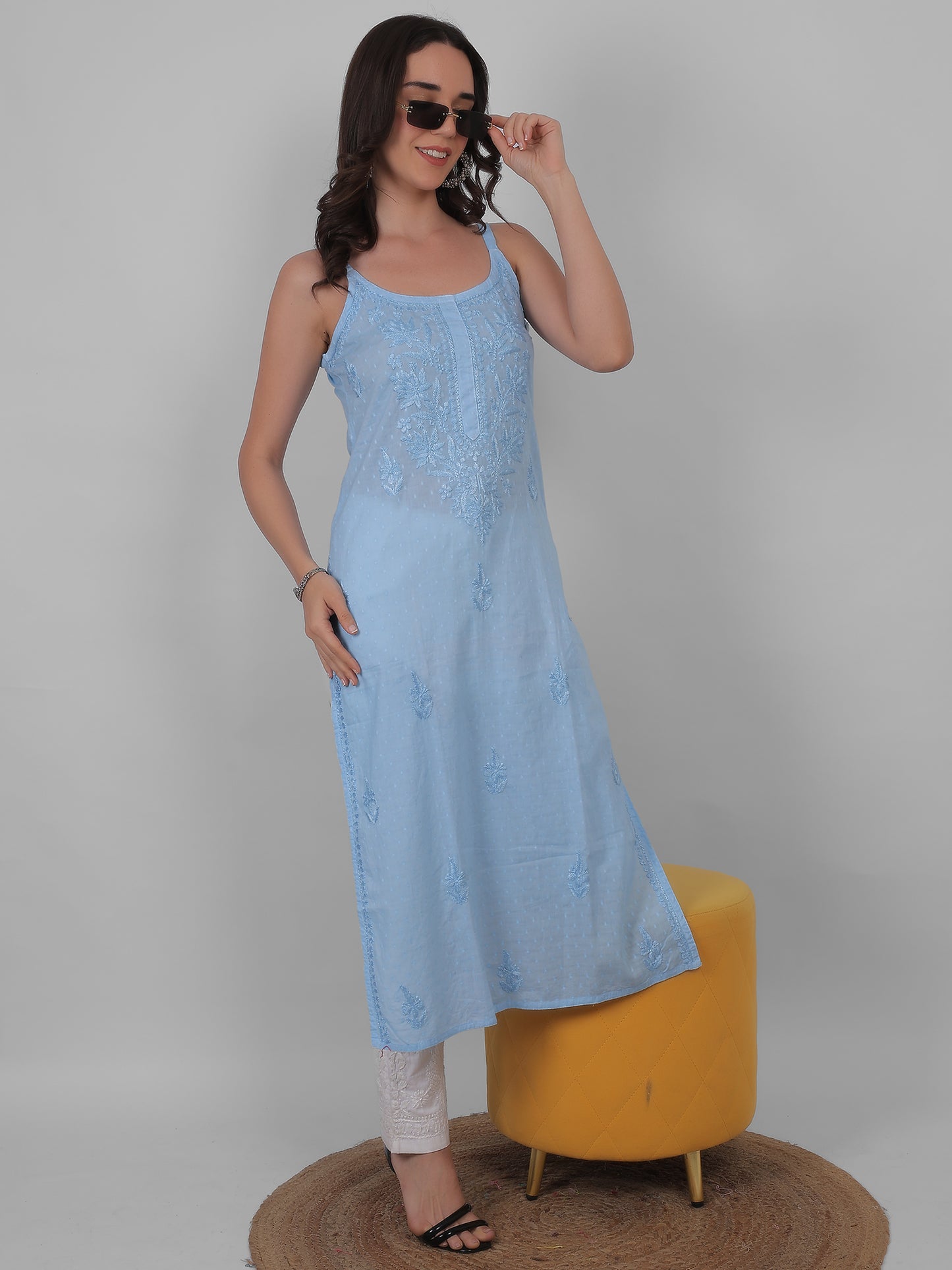 Shop sea green pure cotton dobby Chikankari straight kurti with authentic Lucknowi hand embroidery. Soft, breathable and perfect for summer wear.