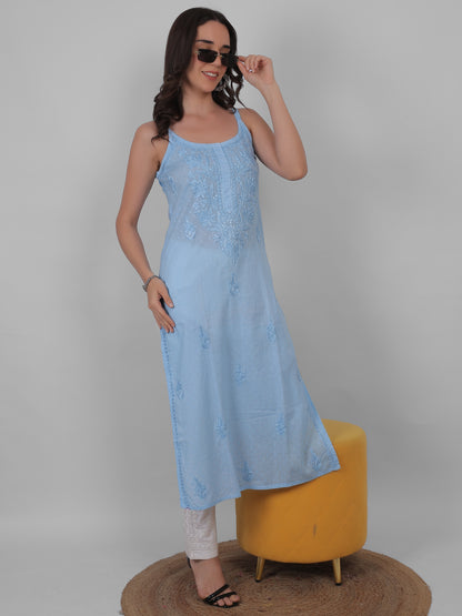 Shop sea green pure cotton dobby Chikankari straight kurti with authentic Lucknowi hand embroidery. Soft, breathable and perfect for summer wear.