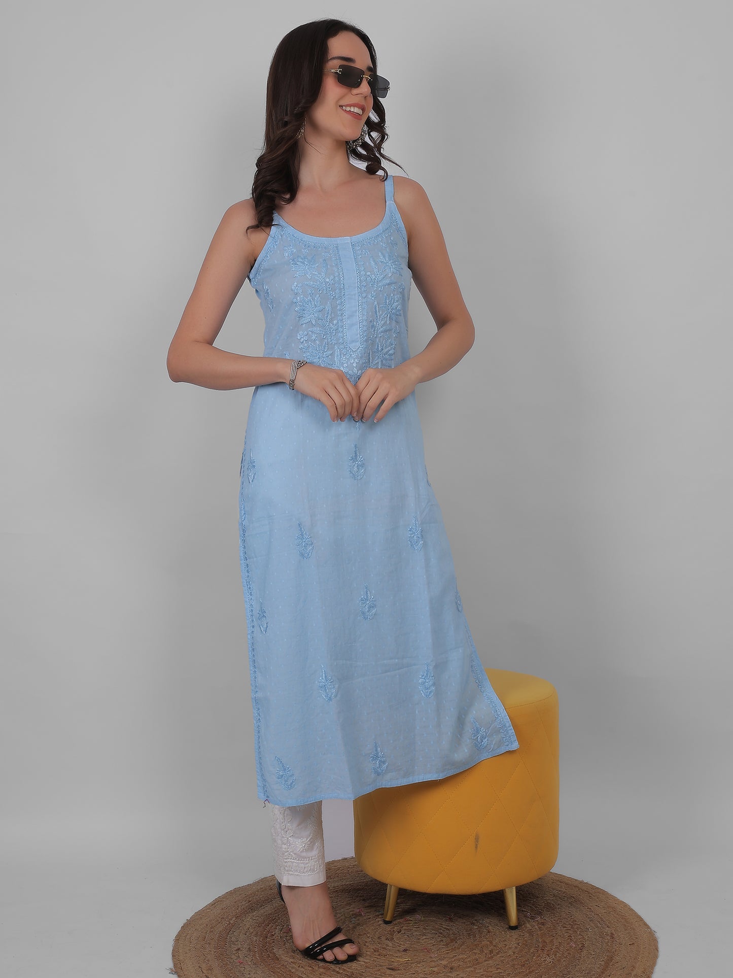 Shop sea green pure cotton dobby Chikankari straight kurti with authentic Lucknowi hand embroidery. Soft, breathable and perfect for summer wear.