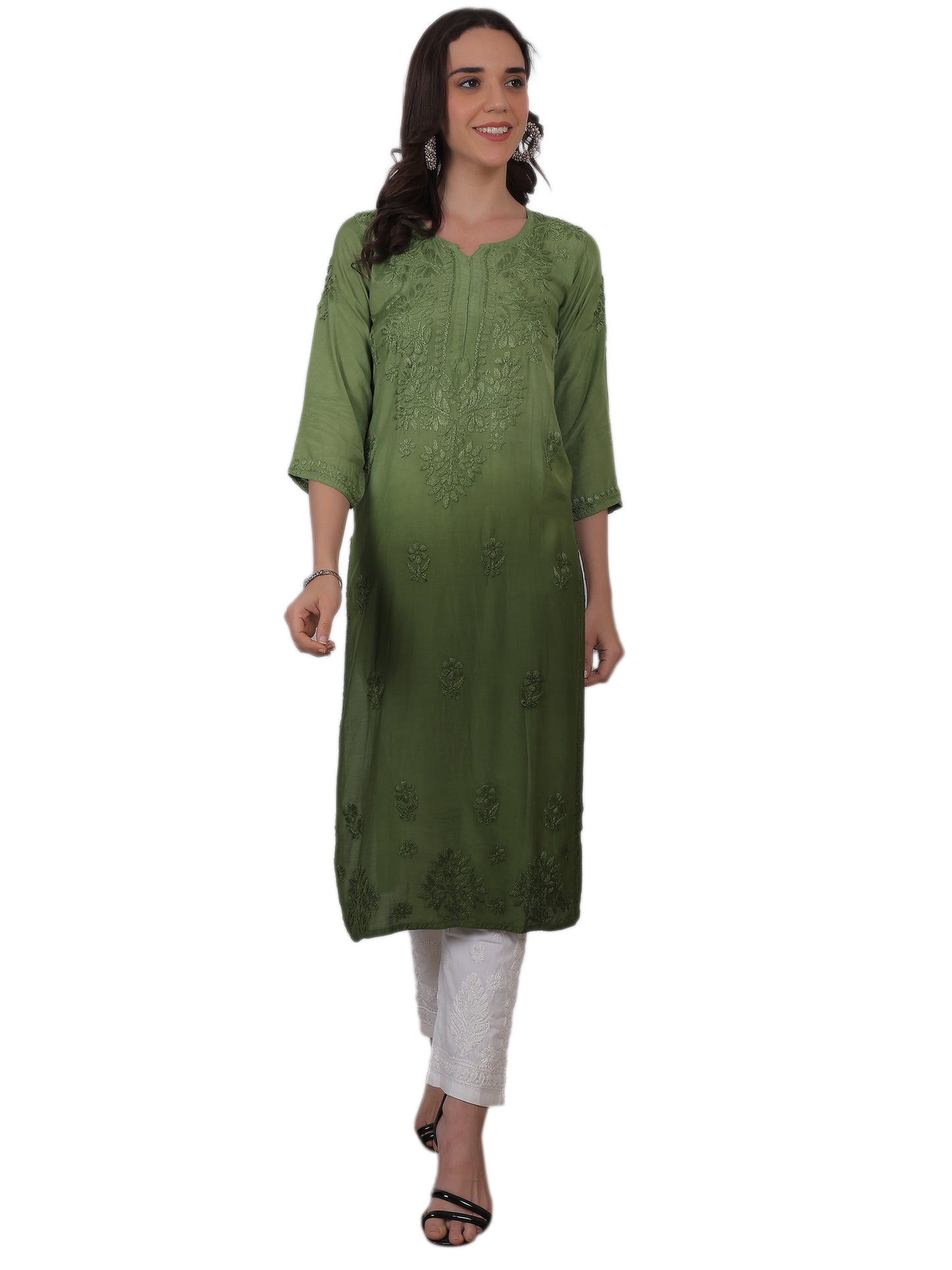 ആഡംബര സിയാൻ ചിക്കൻകാരി കുർത്തി ഹാൻഡ് എംബ്രോയ്ഡറി മസ്ലിൻ ഫാബ്രിക്ക്, മുഗളായി, ലഖ്നവി മോട്ടിഫുകൾ - ബോളിവുഡ്-റെഡി പരമ്പരാഗത ചാരുത