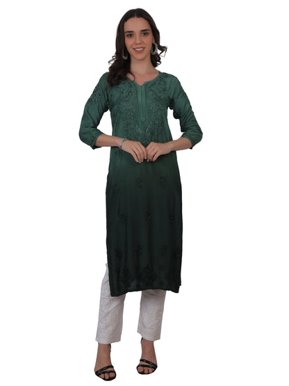 ആഡംബര സിയാൻ ചിക്കൻകാരി കുർത്തി ഹാൻഡ് എംബ്രോയ്ഡറി മസ്ലിൻ ഫാബ്രിക്ക്, മുഗളായി, ലഖ്നവി മോട്ടിഫുകൾ - ബോളിവുഡ്-റെഡി പരമ്പരാഗത ചാരുത